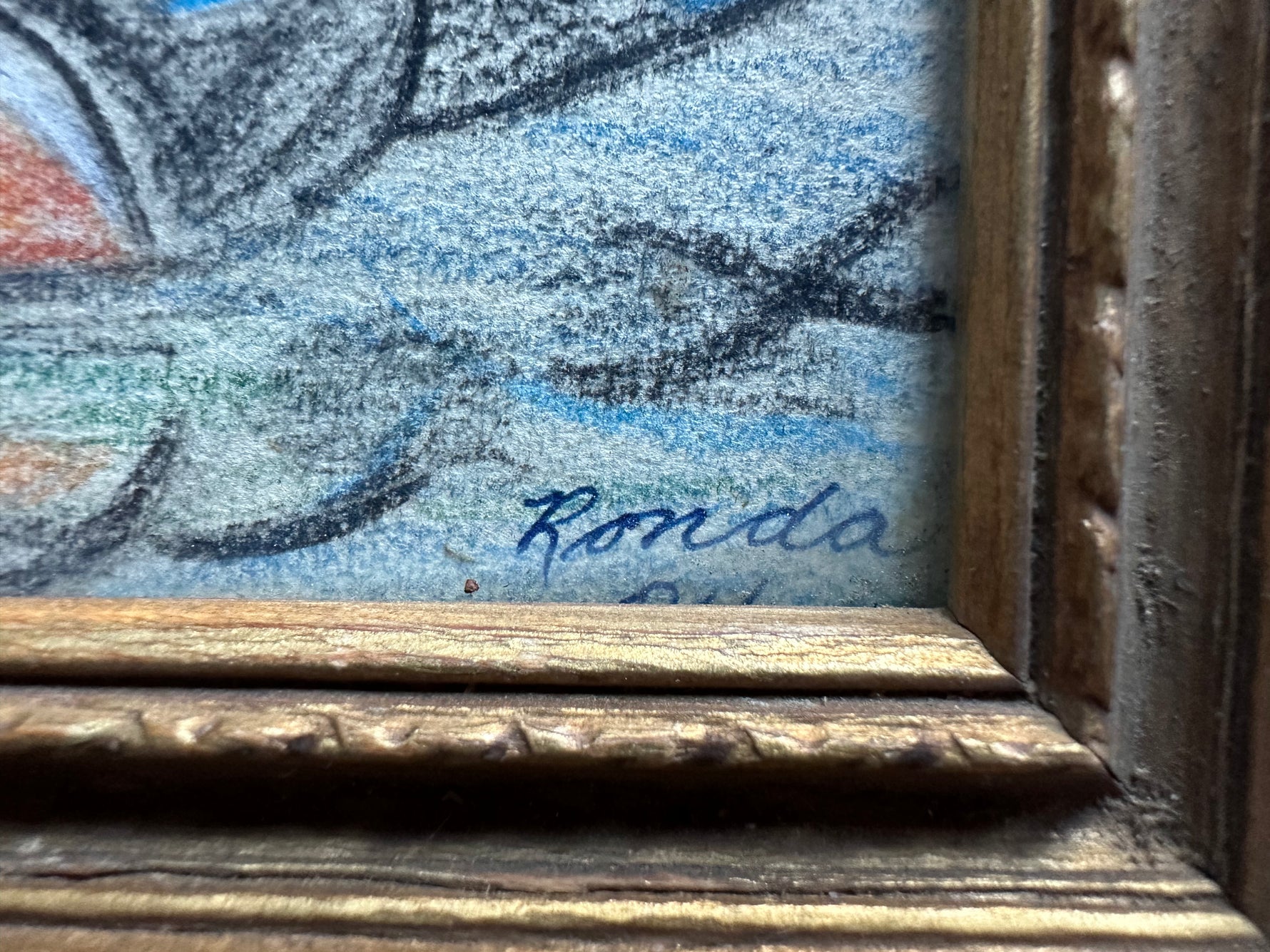 Charcoal painting, Birds Ronda, Signature view