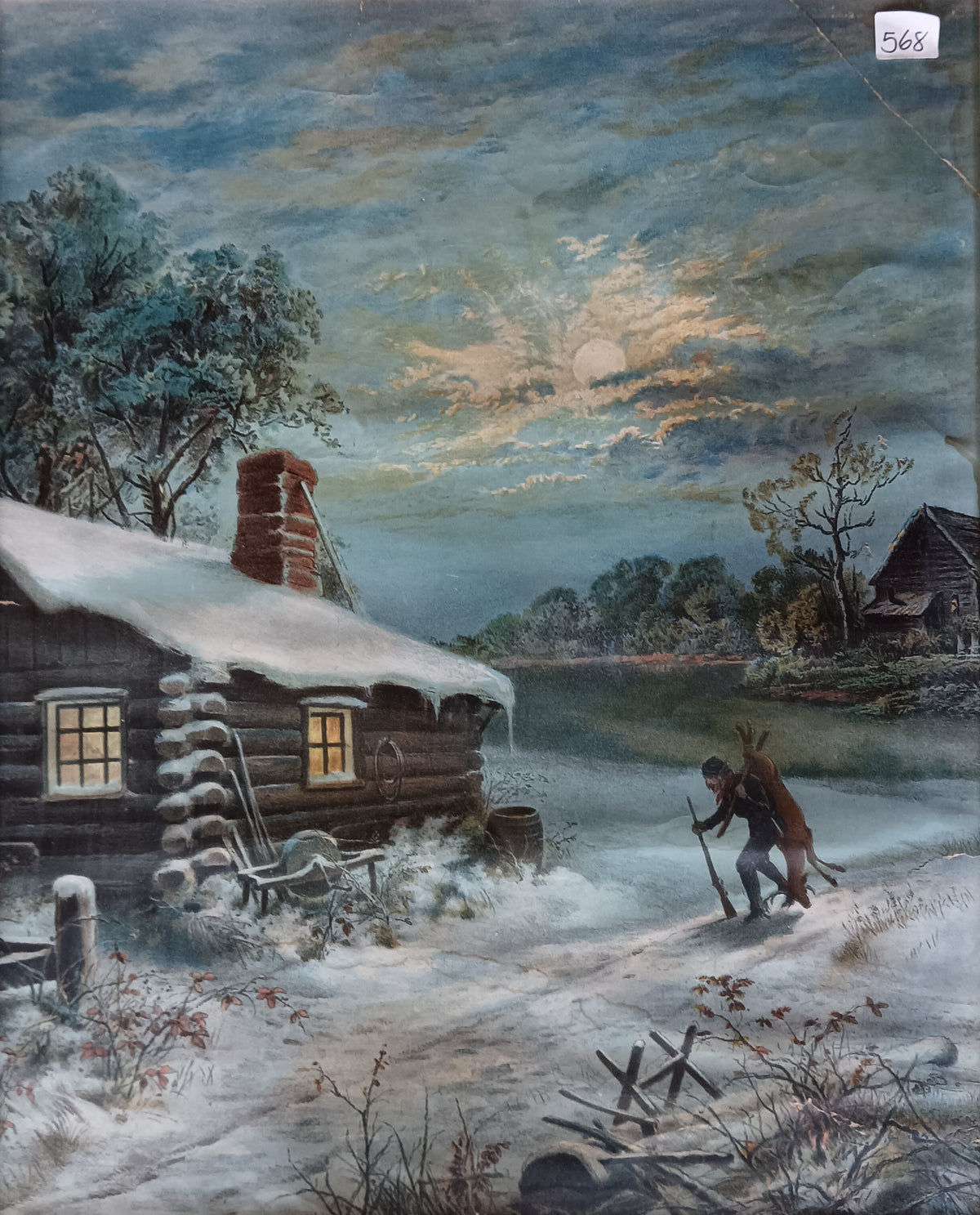 Mixed Media painting, Winterscape, Cottages Unknown Artist, Art view