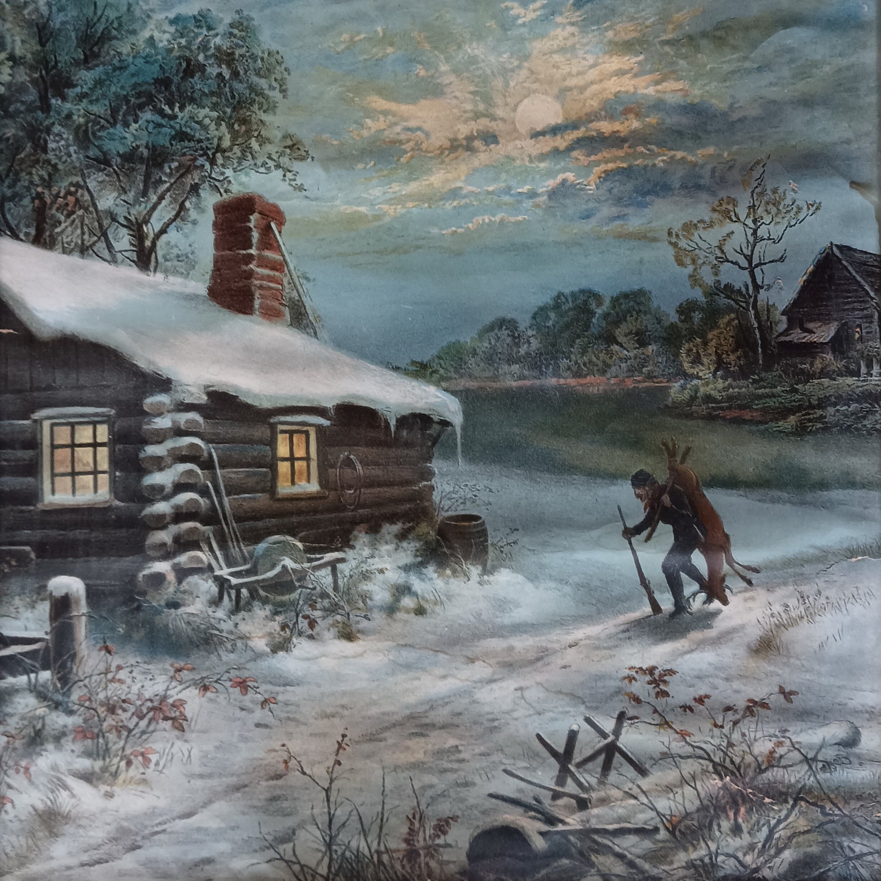 Mixed Media painting, Winterscape, Cottages Unknown Artist, Cover view