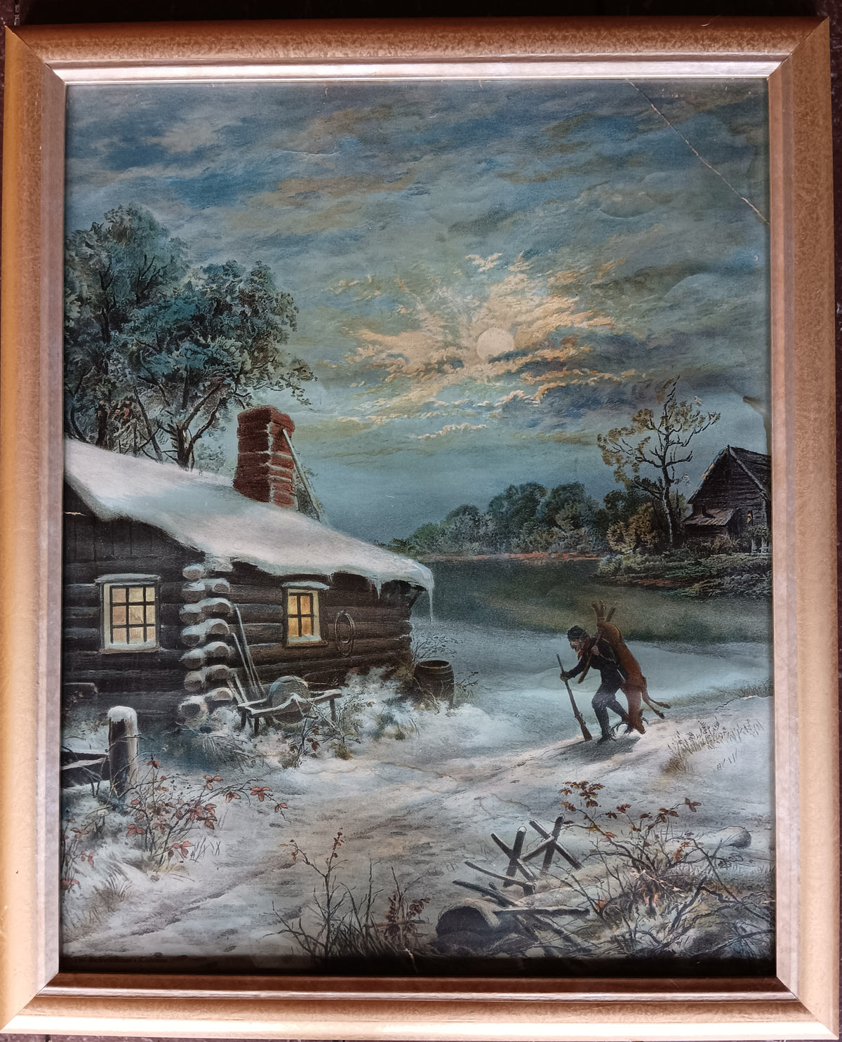 Mixed Media painting, Winterscape, Cottages Unknown Artist, Front view