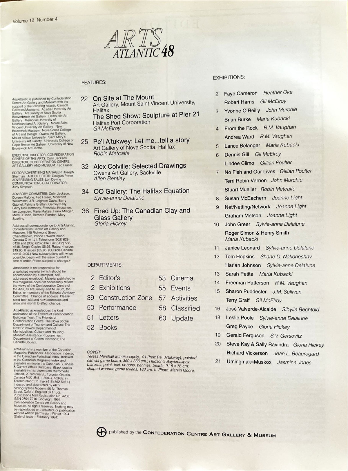 Magazine, Arts, Confederation Centre Art Gallery and Museum, Arts Atlantic 48 Vol. 12, No. 4, Winter 1994, Inside view