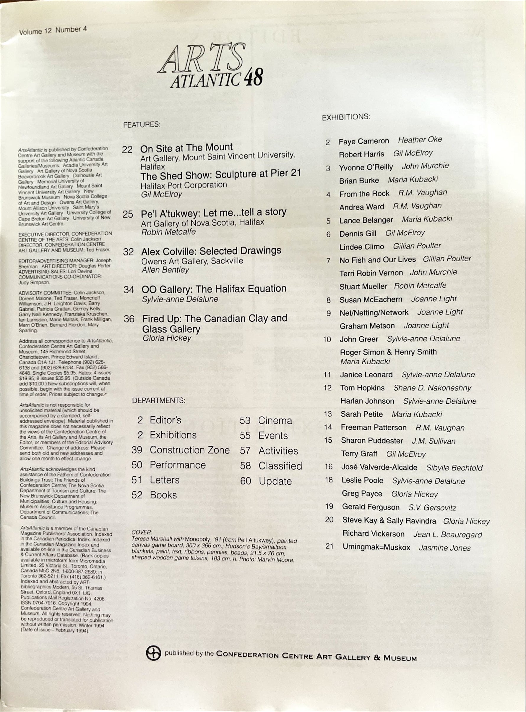 Magazine, Arts, Confederation Centre Art Gallery and Museum, Arts Atlantic 48 Vol. 12, No. 4, Winter 1994, Inside view