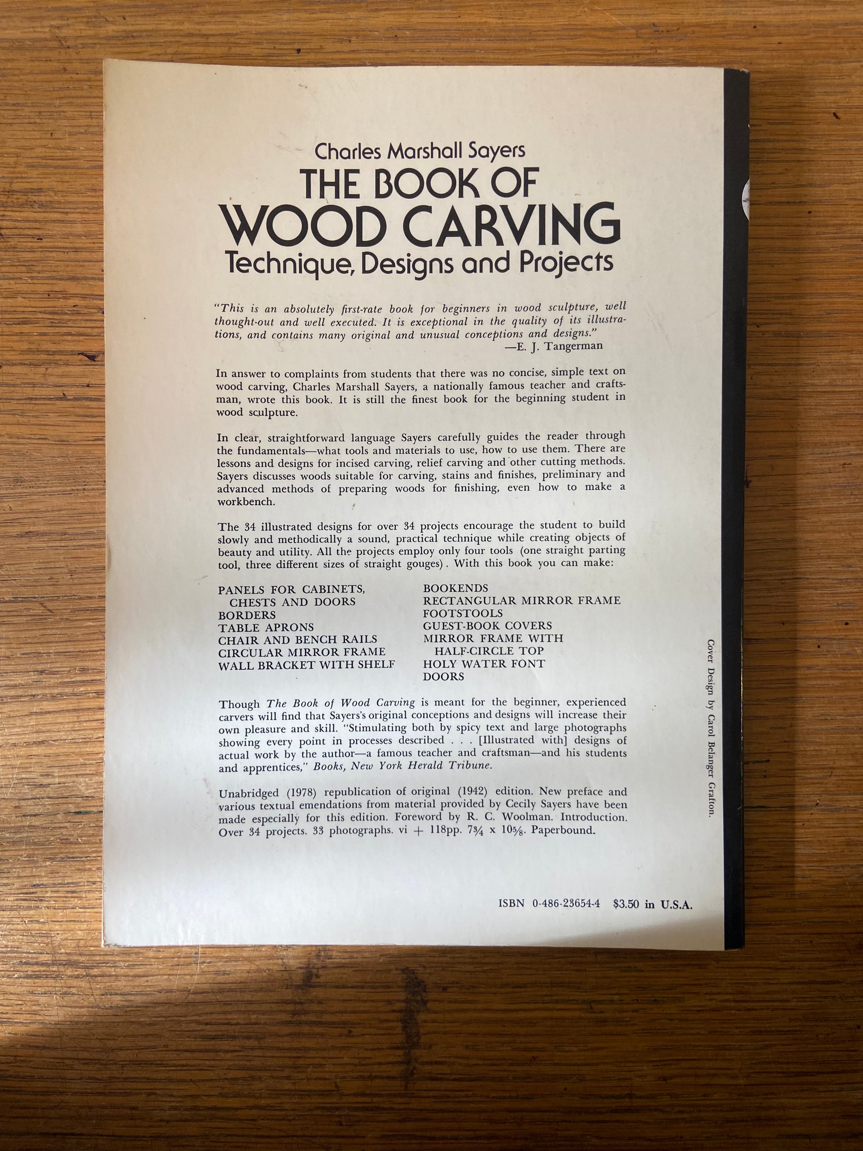 Book, Arts, Artist, Charles Marshall Sayers, The Book of Wood Carving: Technique, Designs and Projects, Back view