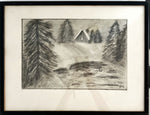 Charcoal painting, Winterscape, Cottages JMM, Front view