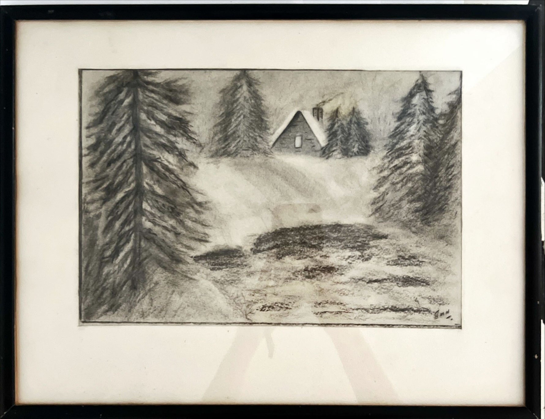Charcoal painting, Winterscape, Cottages JMM, Front view