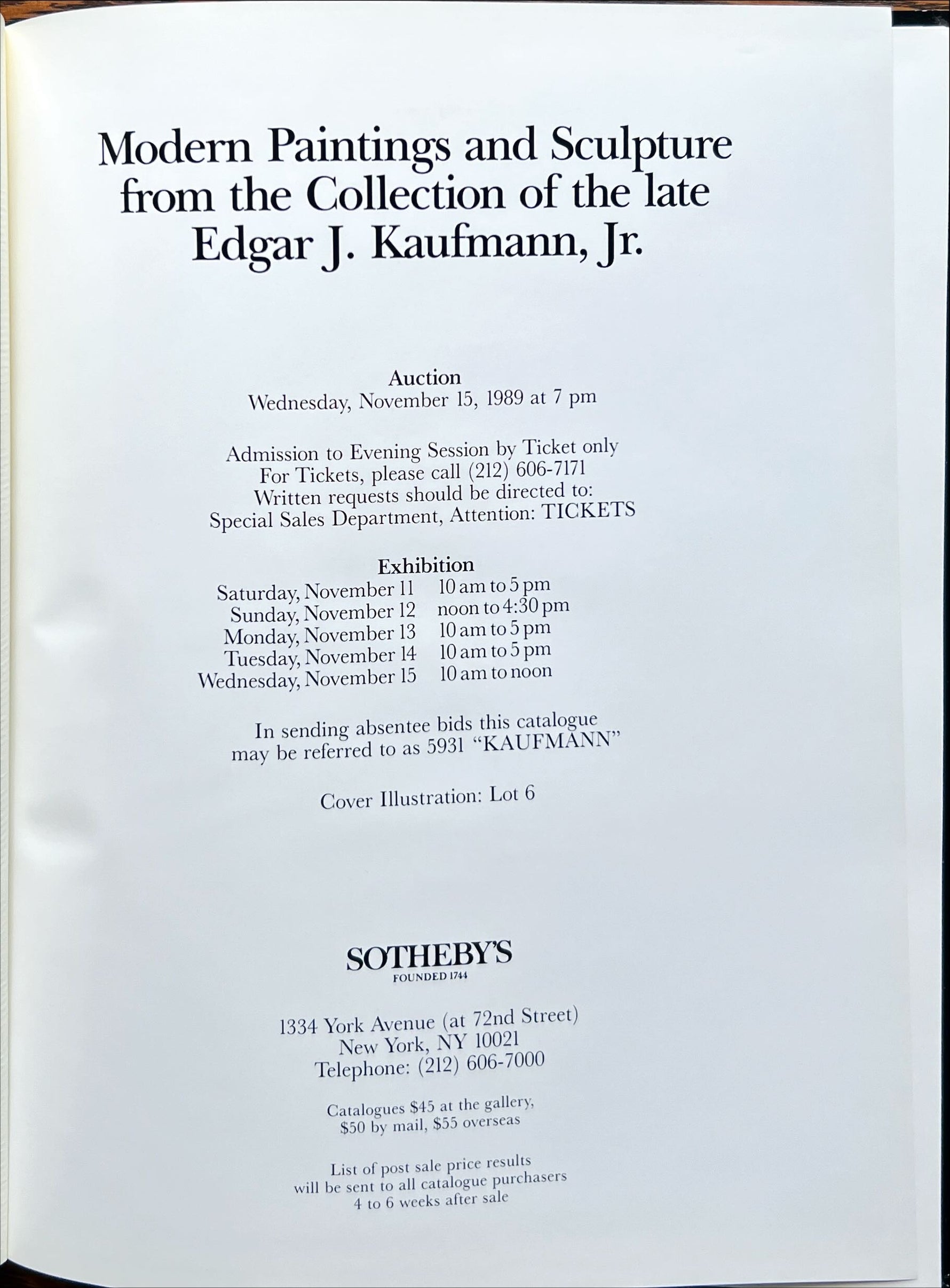 Catalogue/Reference, Antique, Collectibles, Sotheby’s, Modern Paintings and Sculpture from the Late Edgar J. Kauffmann, Jr. New York November 15, 1989, Inside view