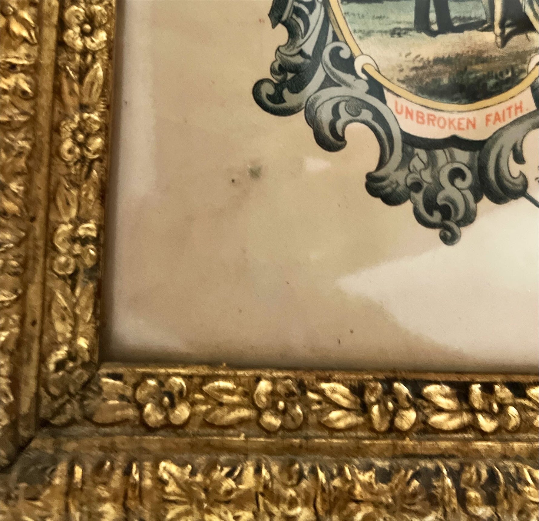 Mixed Media painting, Antique, Genre scene Order of Red Men, Damage view