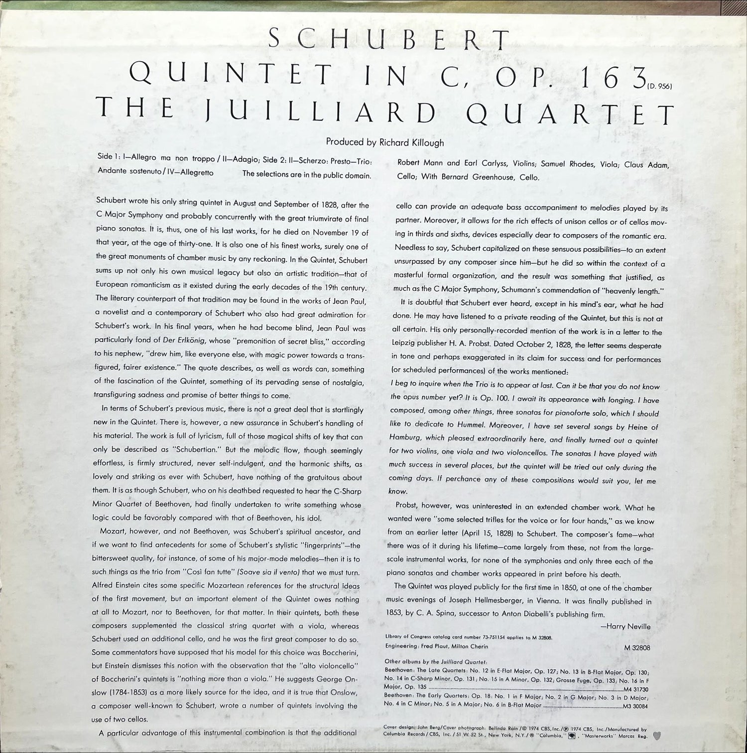 Vinyl record, Classical Schubert Quintet, Back view