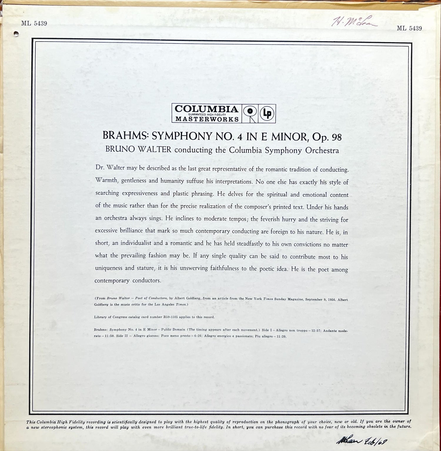 Vinyl record, Classical Brahms, Back view