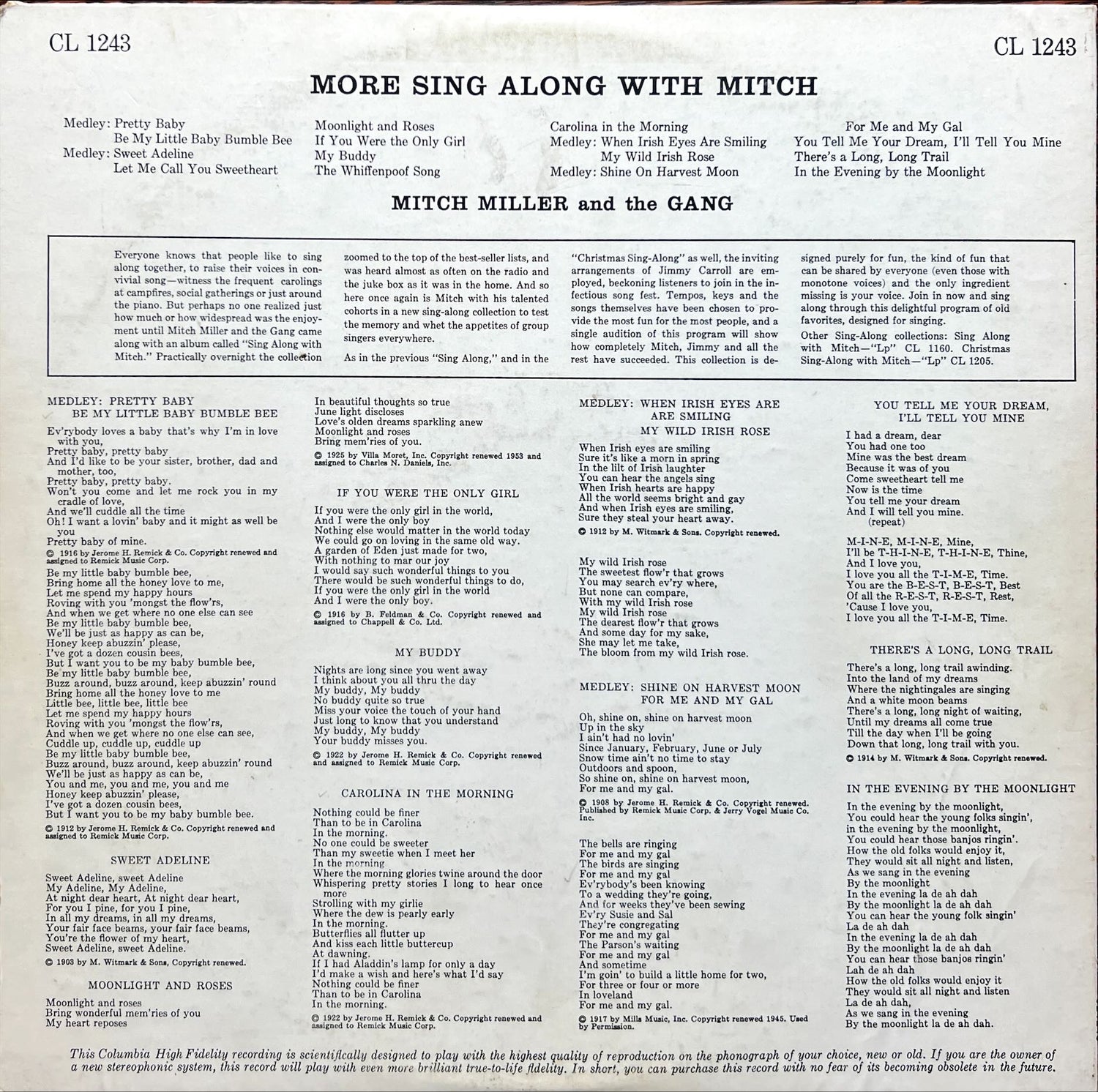 Vinyl record, Sing-Along, Sing Along Mitch Miller and the Gang, Back view