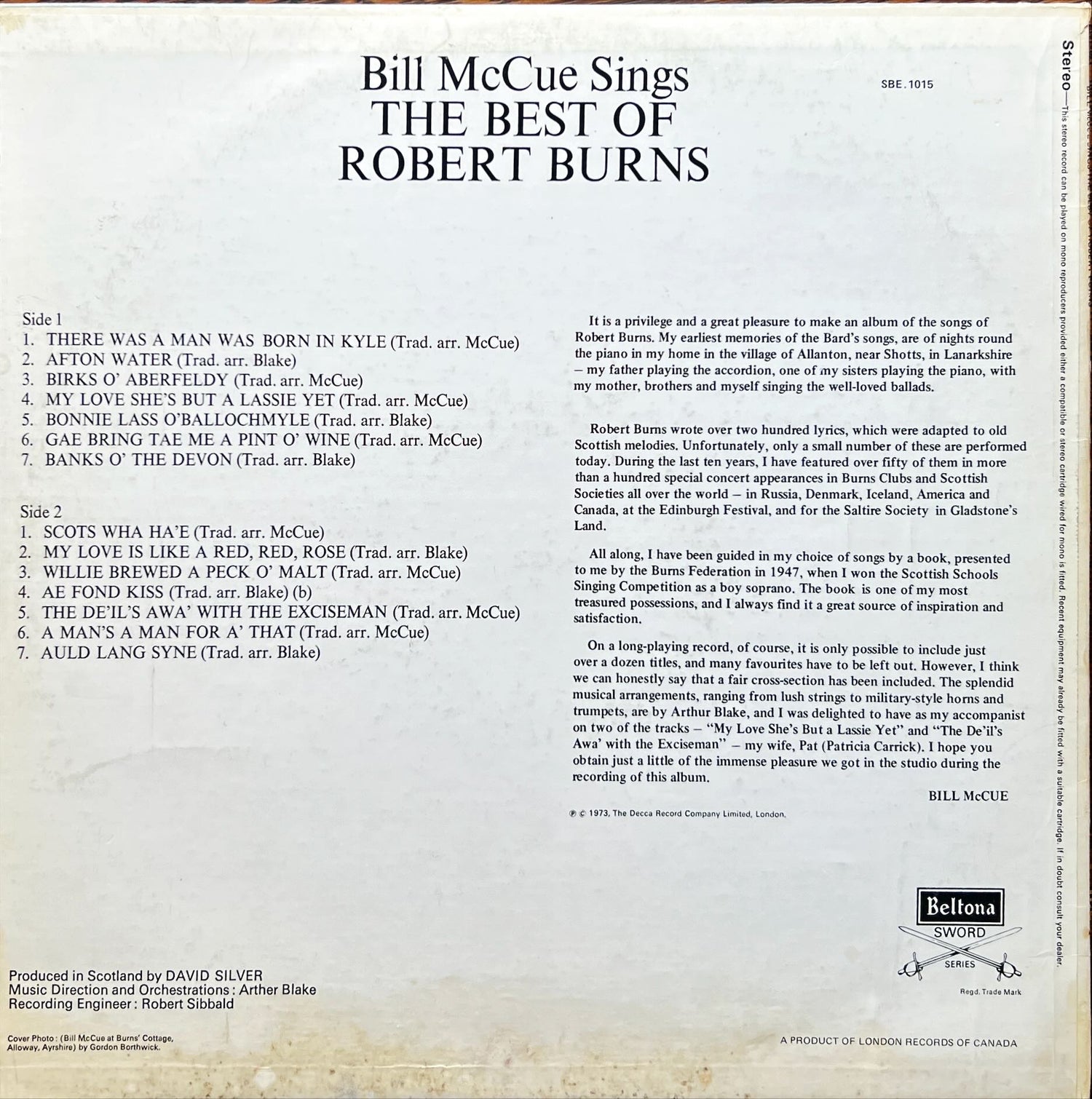 Vinyl record, Celtic Bill McCue, Back view