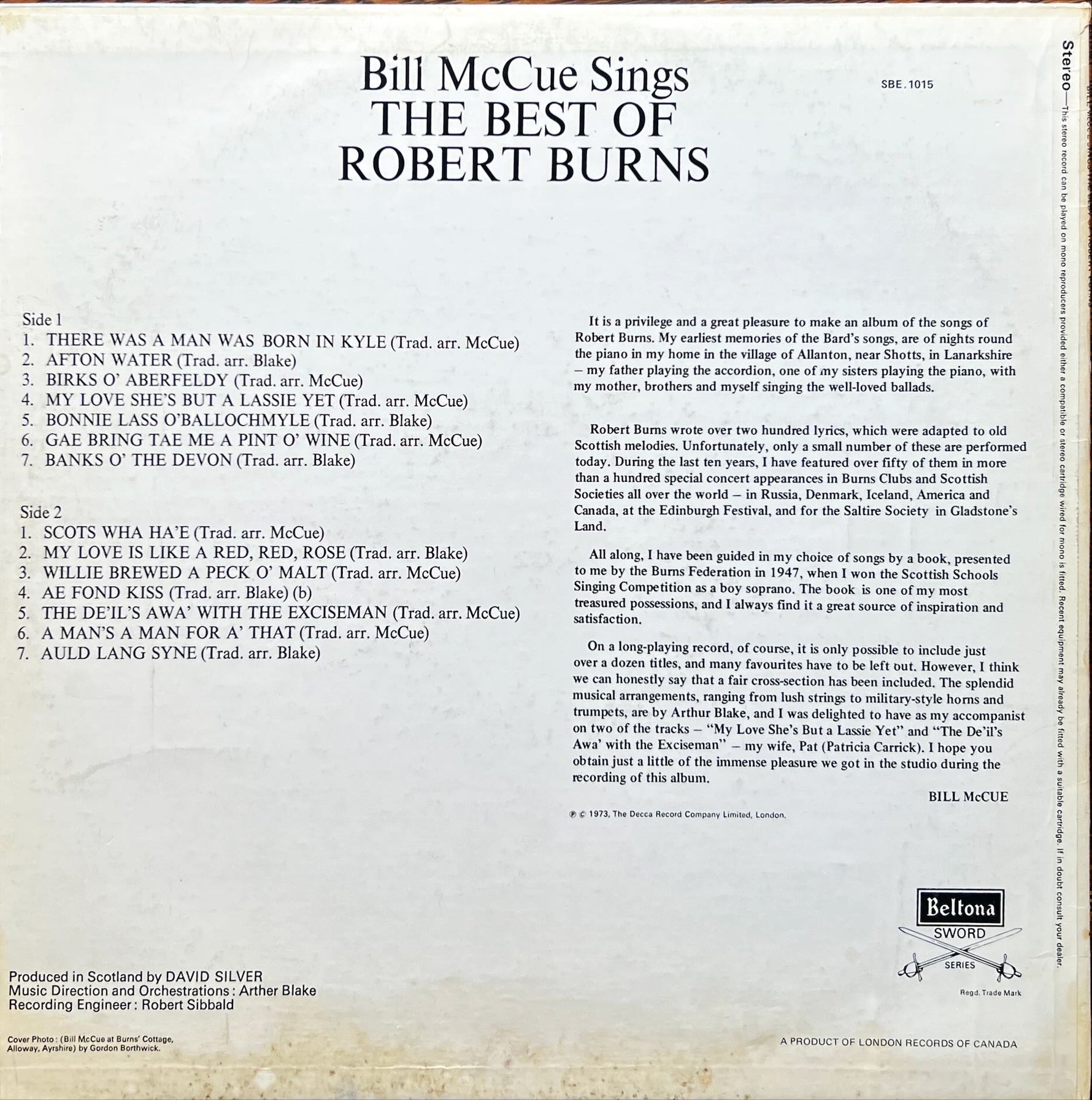Vinyl record, Celtic Bill McCue, Back view