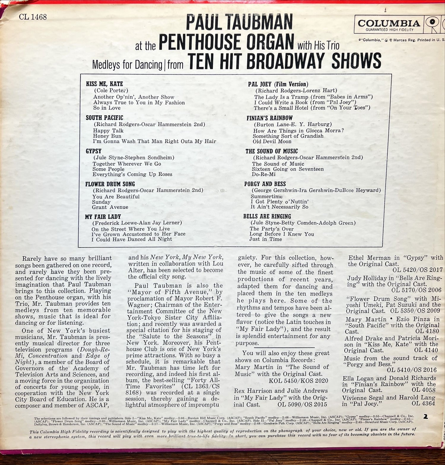 Vinyl record, Broadway Paul Tubman with his Trio, Back view