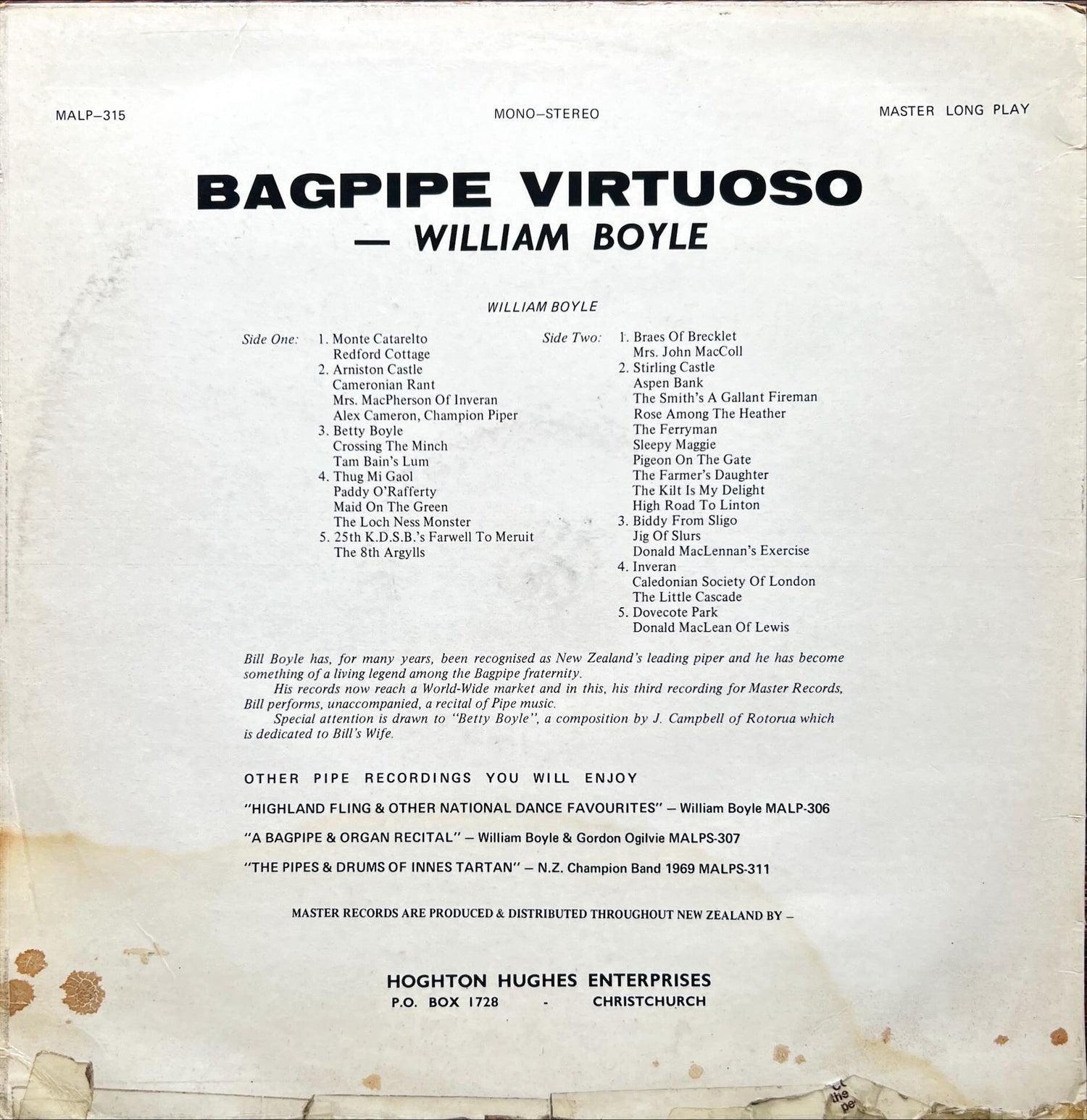 Vinyl record, Bagpipe William Boyle, Back view