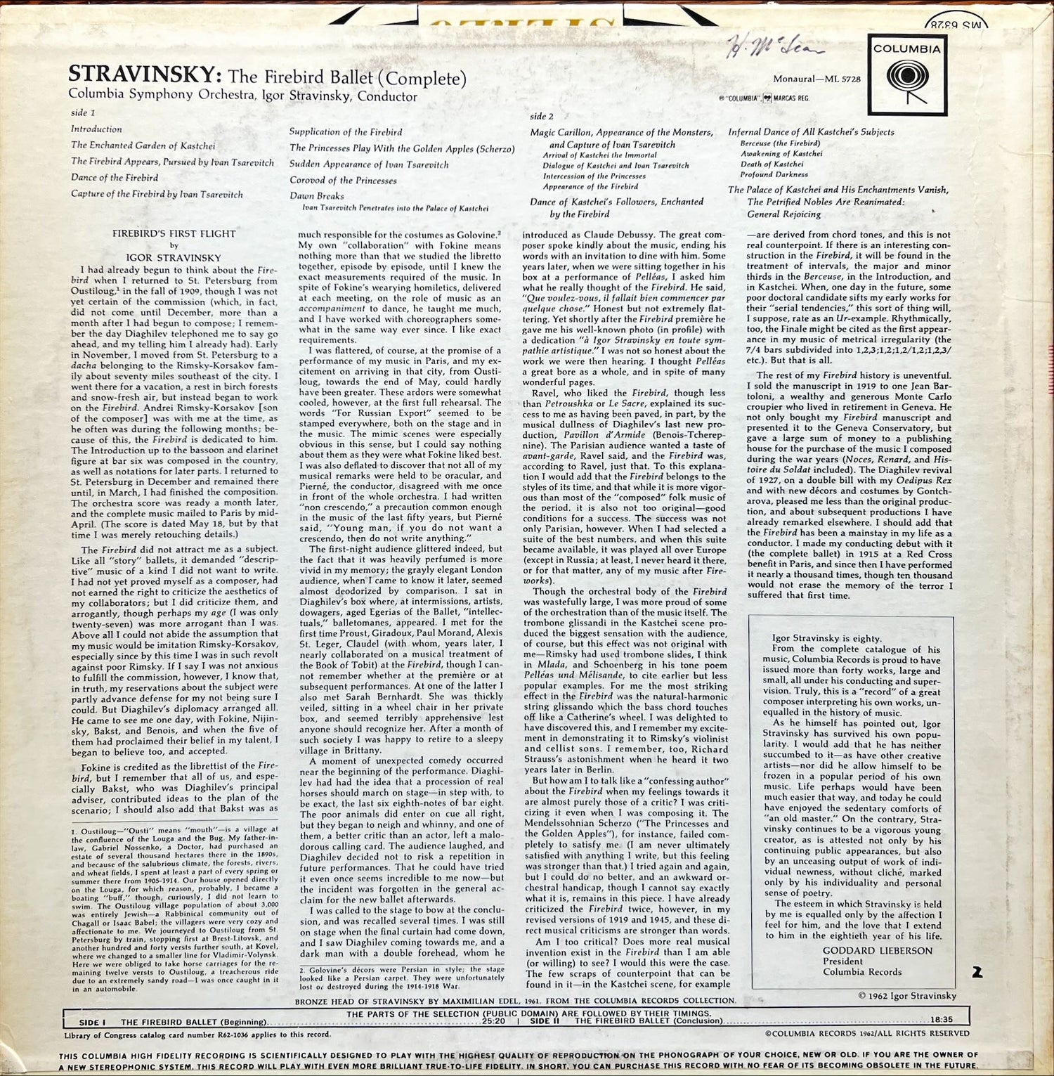 Vinyl record, Classical Igor Stravinsky, Back view
