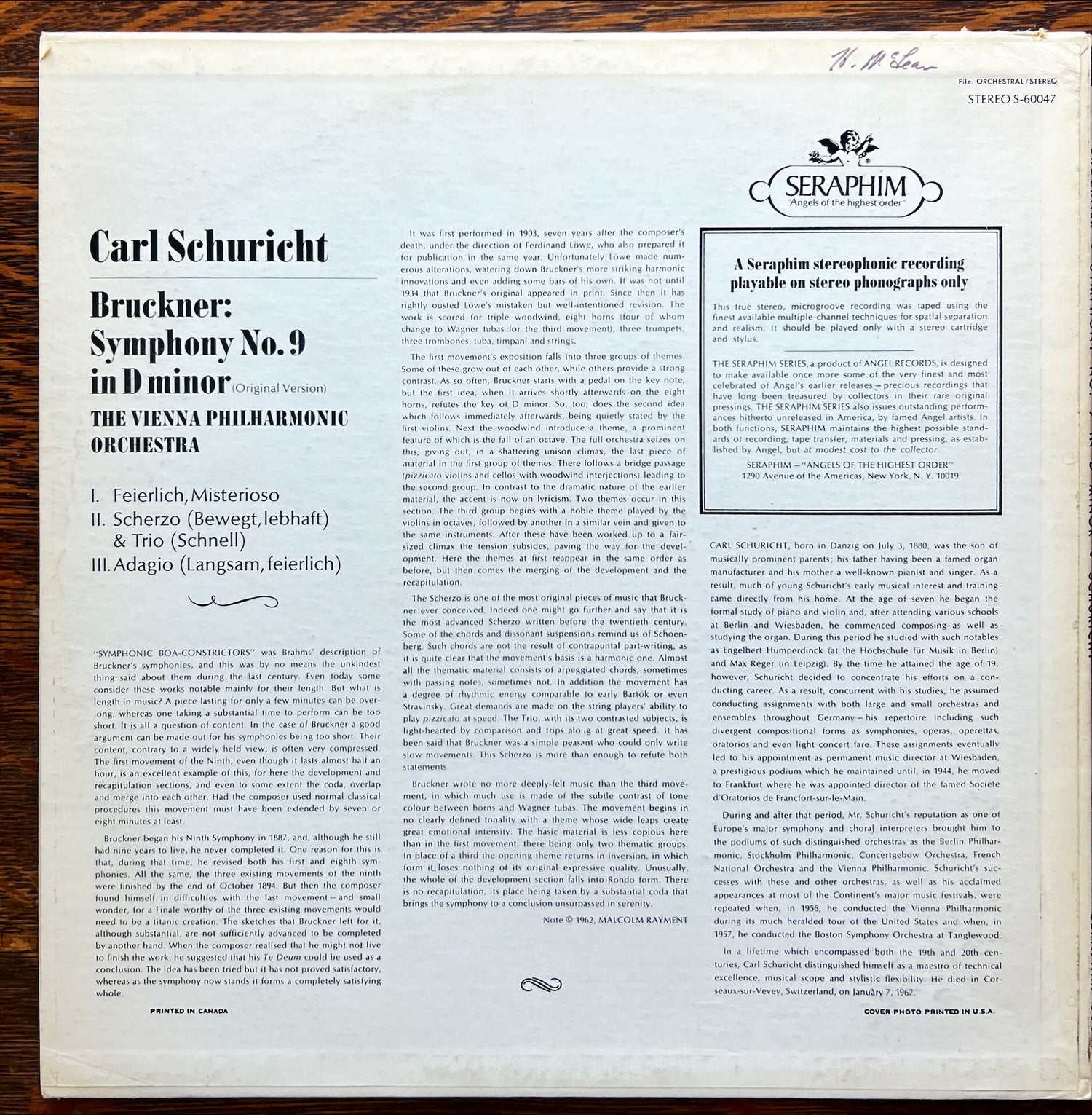 Vinyl record, Classical Carl Schuricht Bruckner, Back view