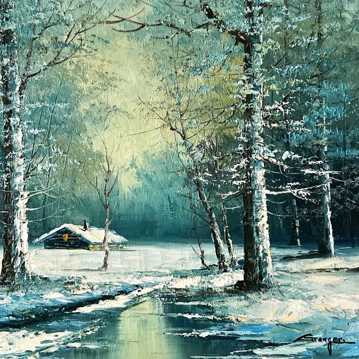 Oil painting, Winterscape, Cottages Granger, Cover view