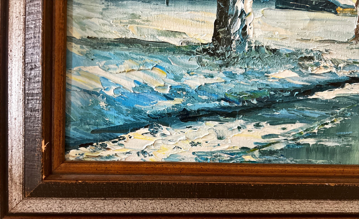 Oil painting, Winterscape, Cottages Granger, Damage view