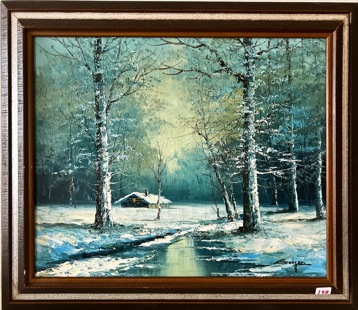 Oil painting, Winterscape, Cottages Granger, Front view