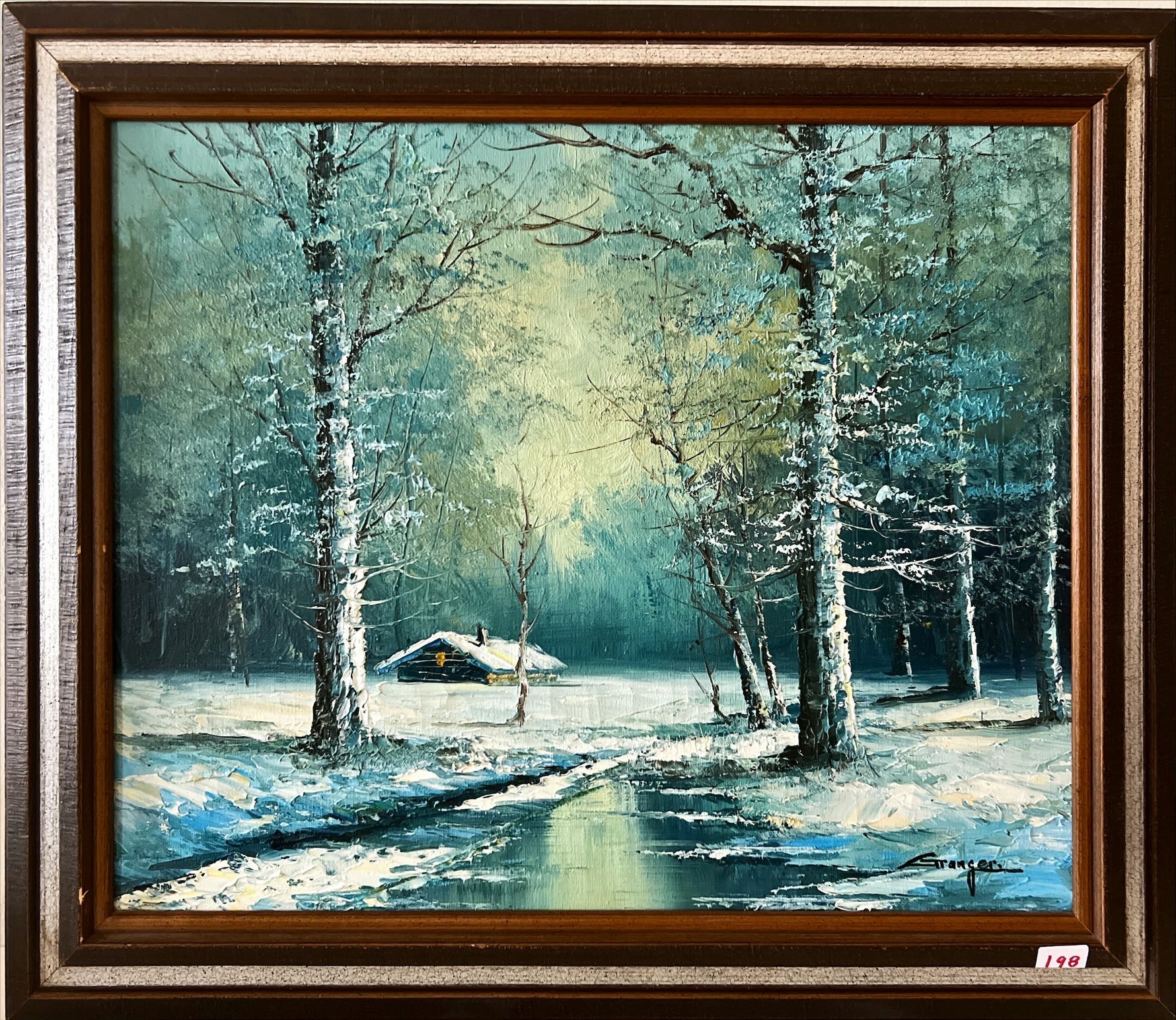 Oil painting, Winterscape, Cottages Granger, Front view