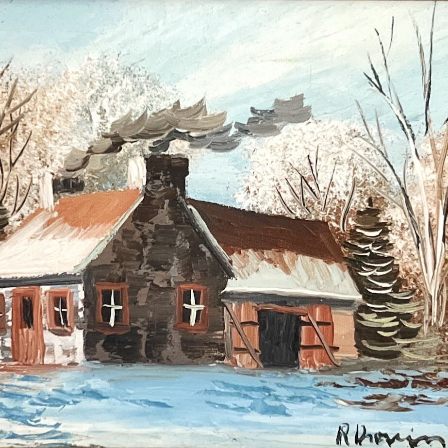 Oil painting, Winterscape, Cottages R. Drouin, Cover view