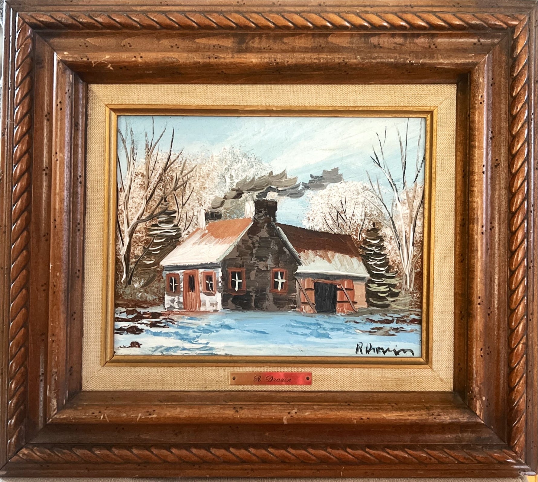 Oil painting, Winterscape, Cottages R. Drouin, Front view