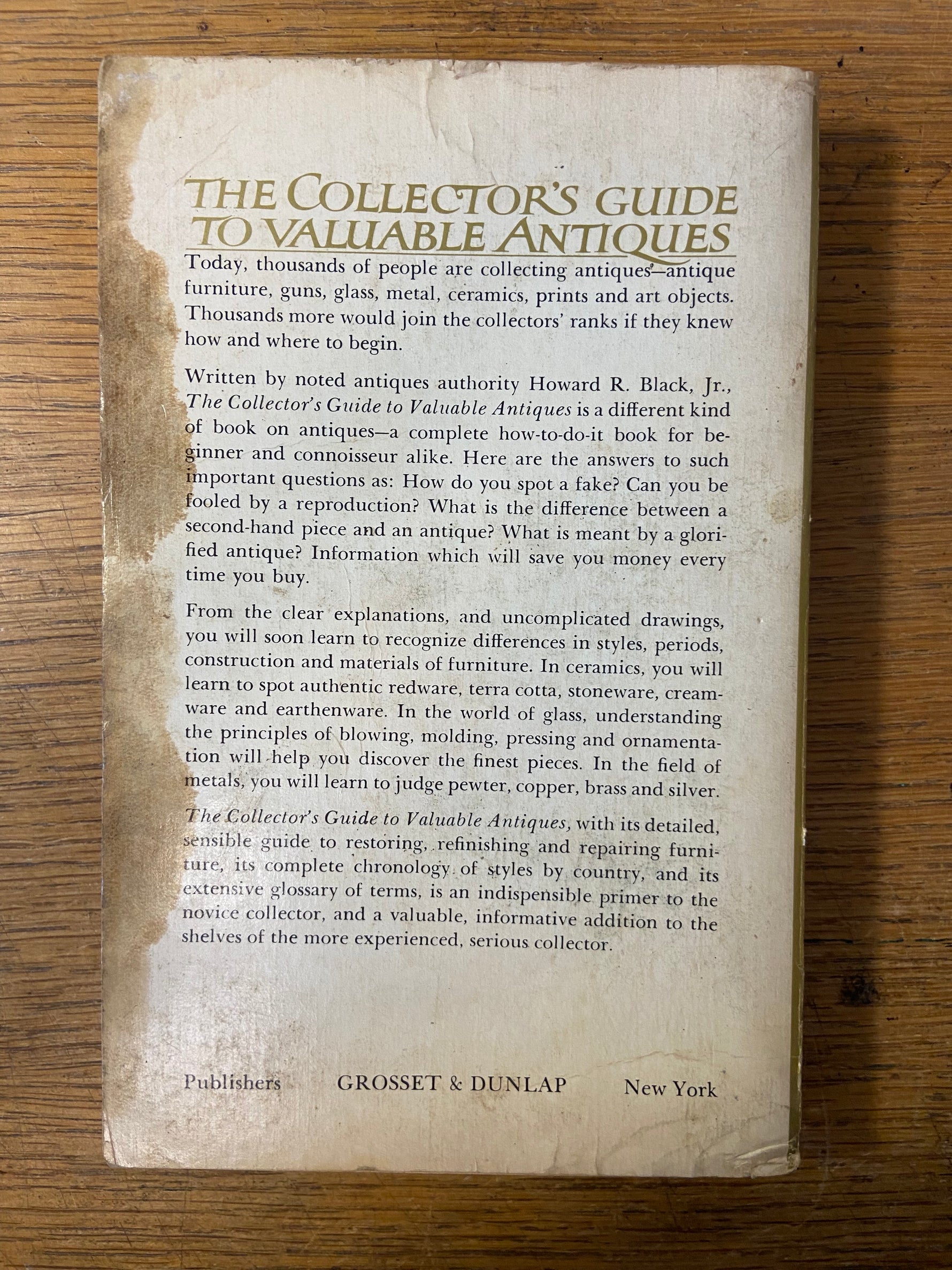 Book, Antique, Collectibles, Howard R. Black, JR., The Collector’s Guide to Valuable Antiques, Back view