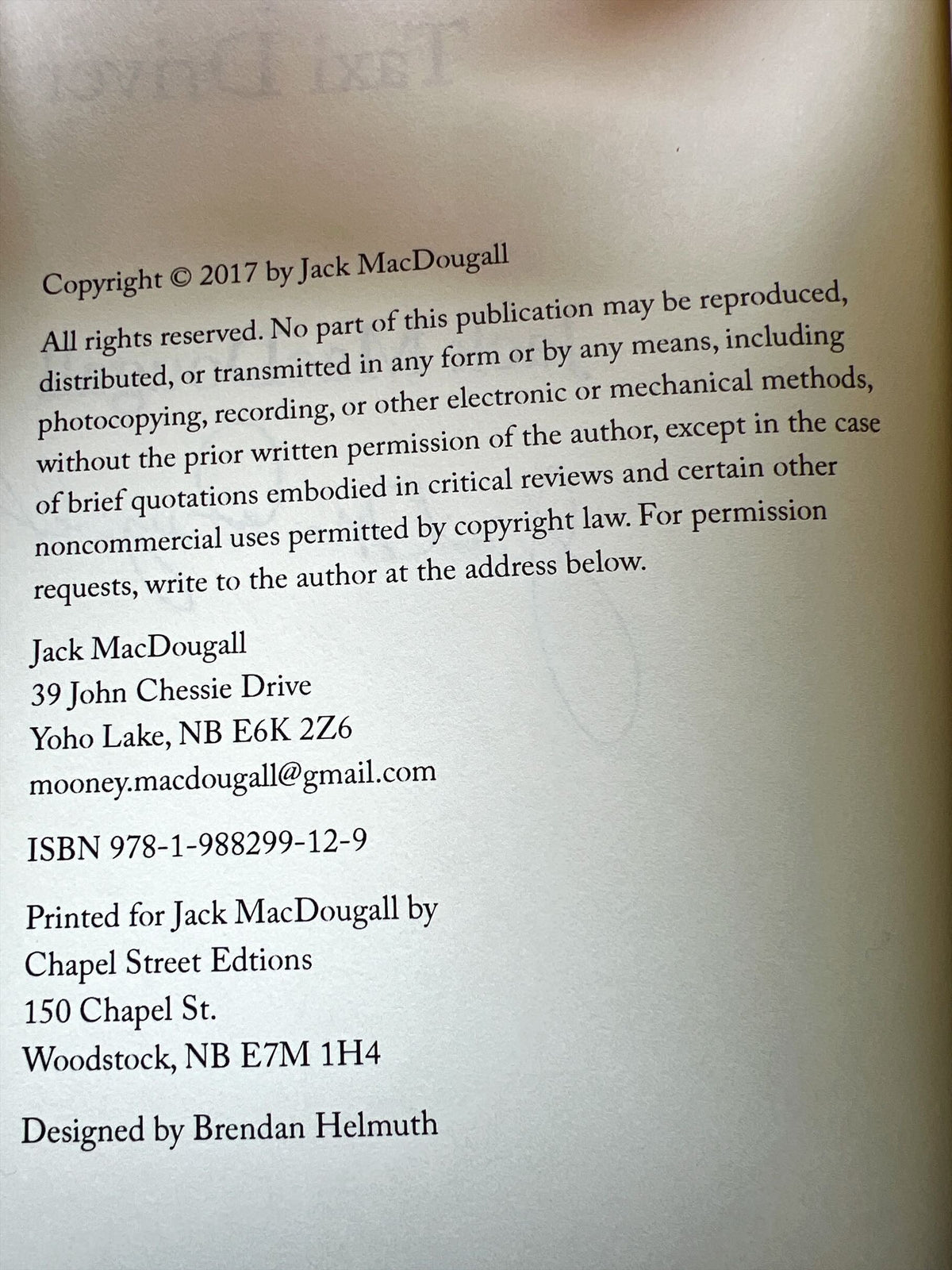 Book, Atlantic Canada, Canada, Jack MacDougall, The Unemployed Taxi Driver, Inside view