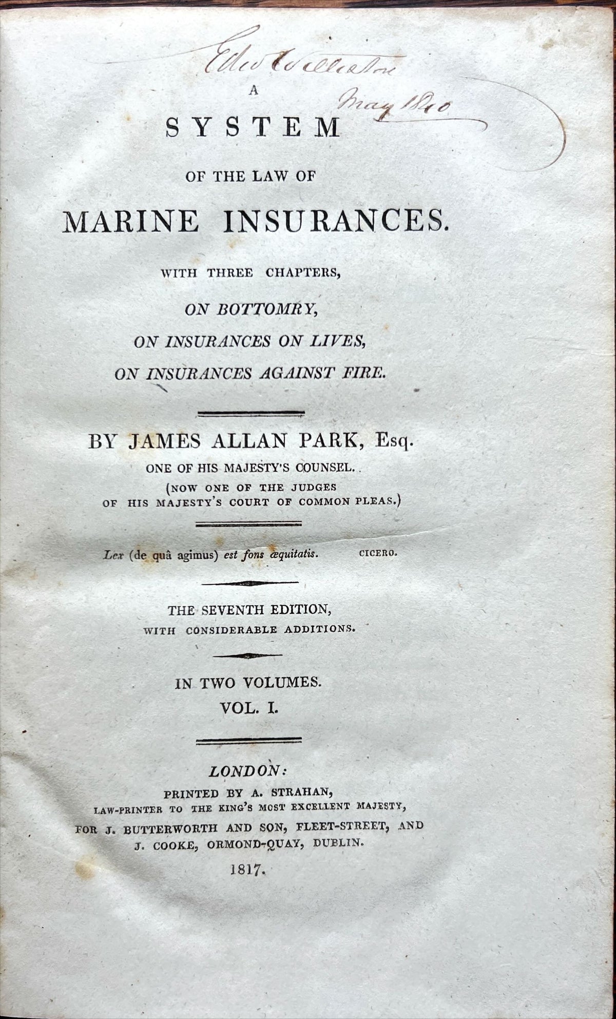Book, Antique, James Allan Park, Esq., A System of Law of Marine Insurances, Vol. I, Inside view