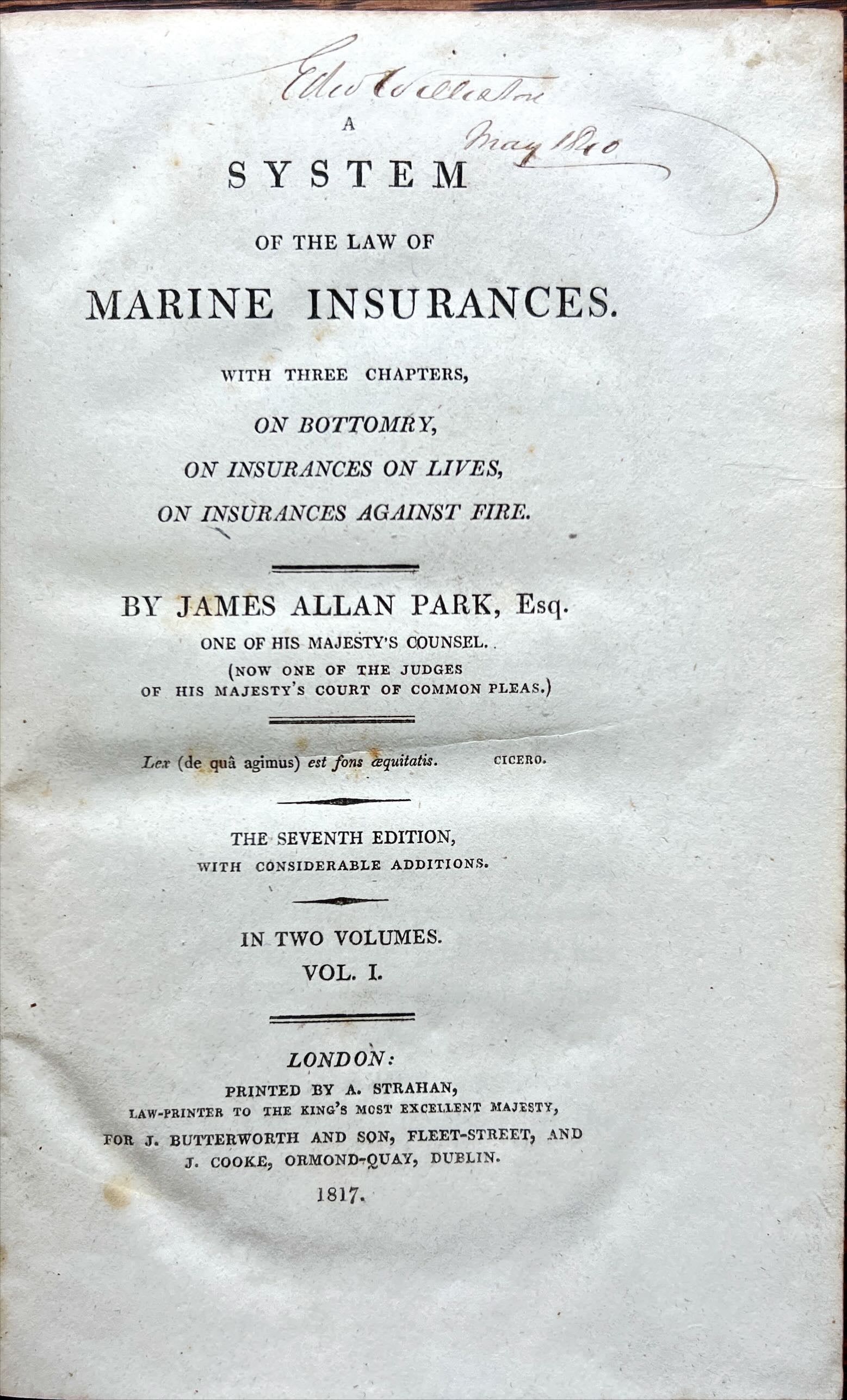 Book, Antique, James Allan Park, Esq., A System of Law of Marine Insurances, Vol. I, Inside view