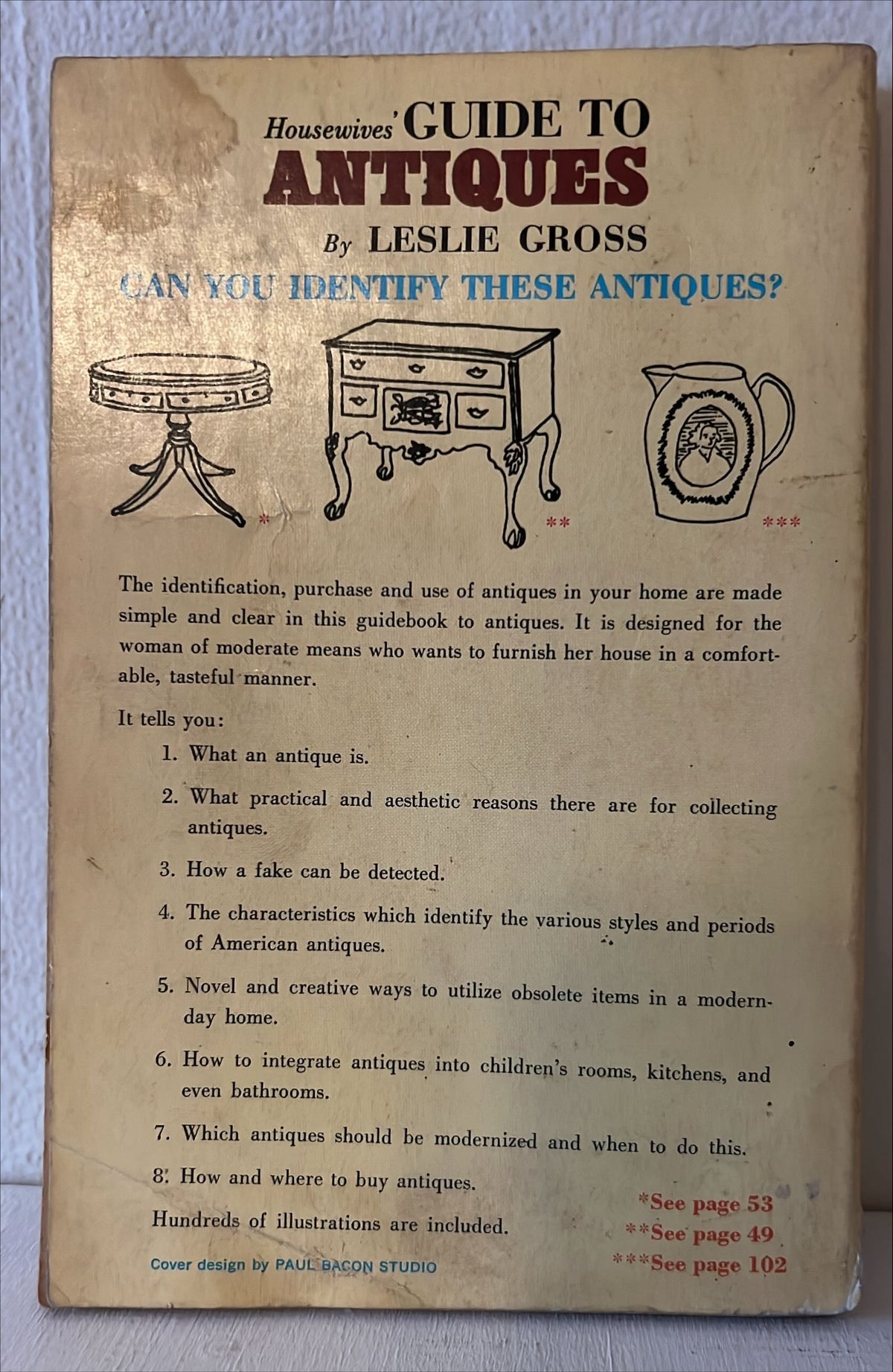 Book, Antique, Collectibles, Leslie Gross, Housewives' Guide to Antiques: How to get the most for your money when furnishing your home with Antiques, Back view