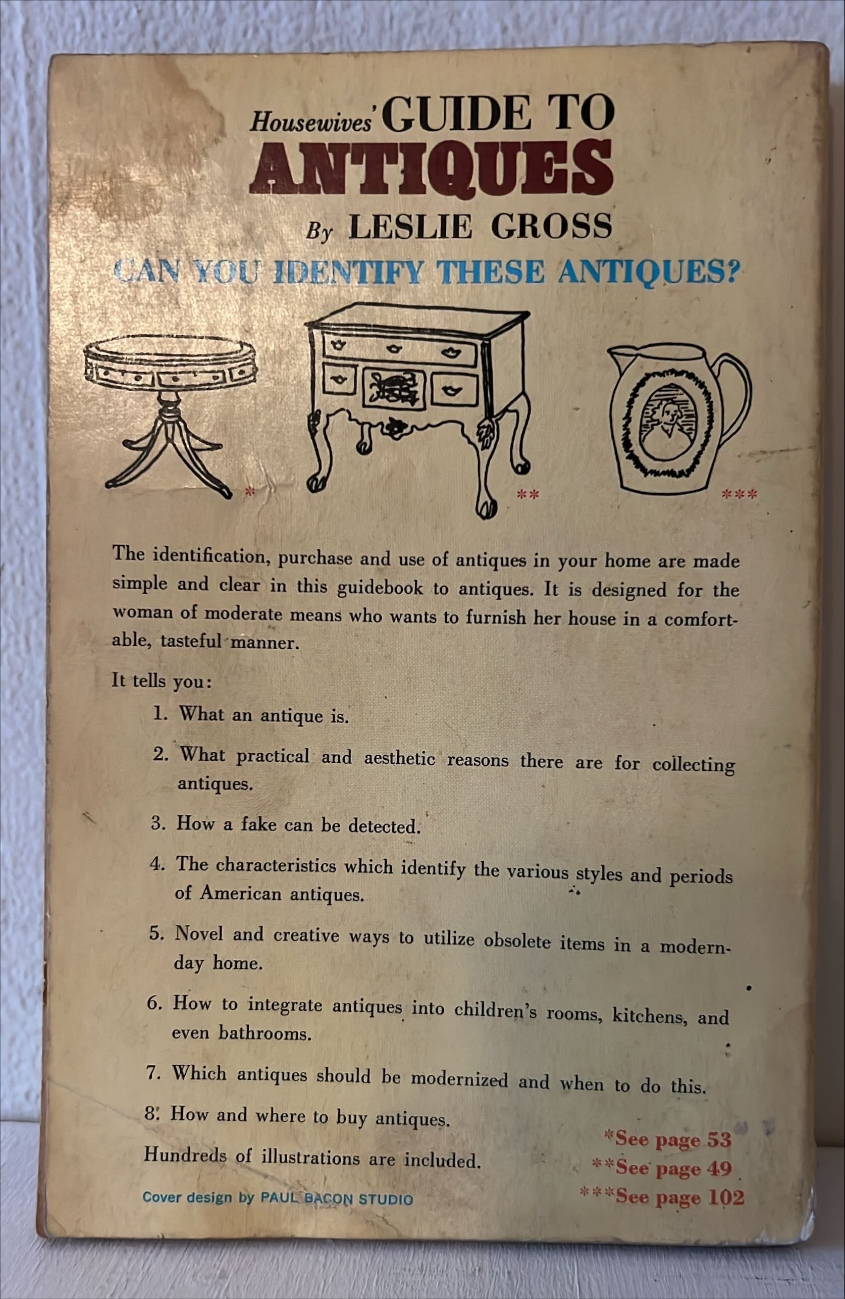 Book, Antique, Collectibles, Leslie Gross, Housewives' Guide to Antiques: How to get the most for your money when furnishing your home with Antiques, Back view