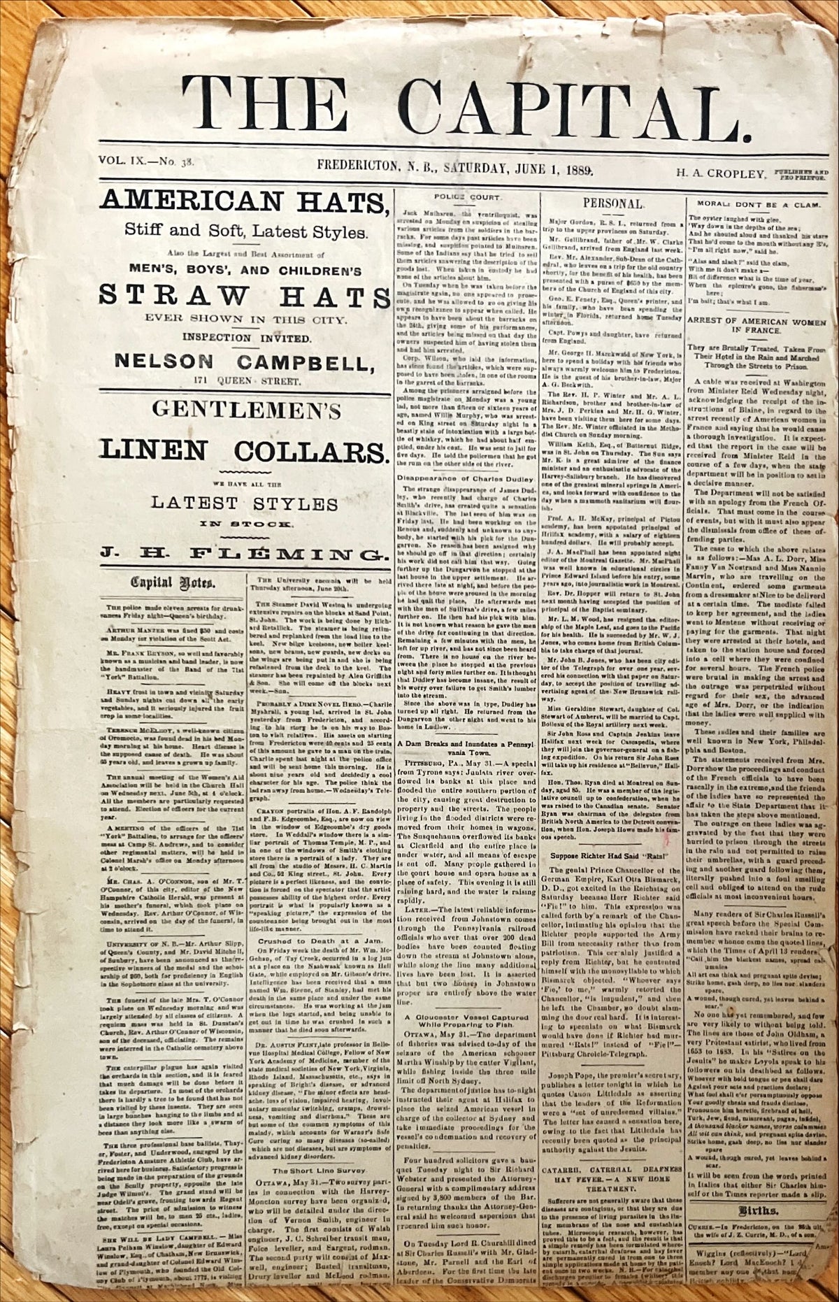 Newspaper, News, The Capital, The Fredericton Capital, Fredericton, N.B., Jun 1, 1889 – Four  Pages, Front view
