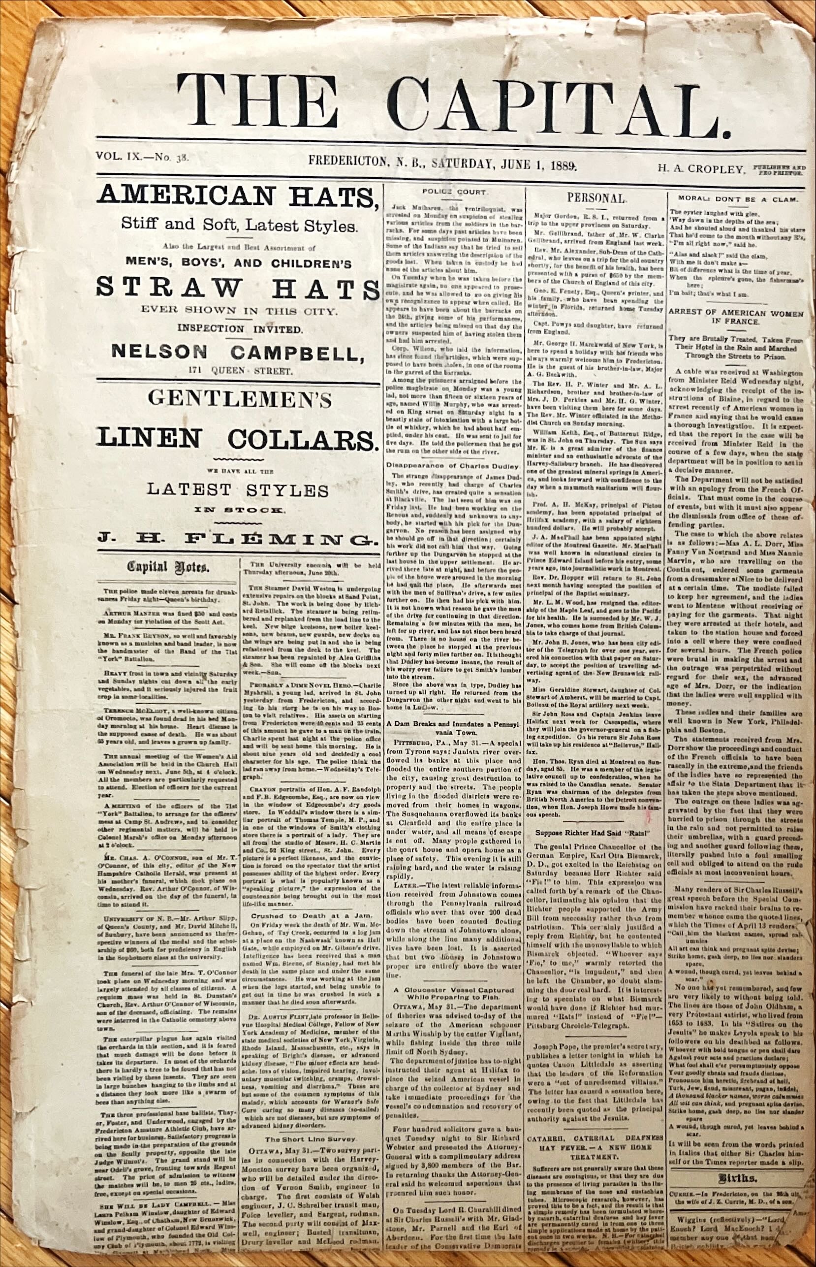 Newspaper, News, The Capital, The Fredericton Capital, Fredericton, N.B., Jun 1, 1889 – Four  Pages, Front view
