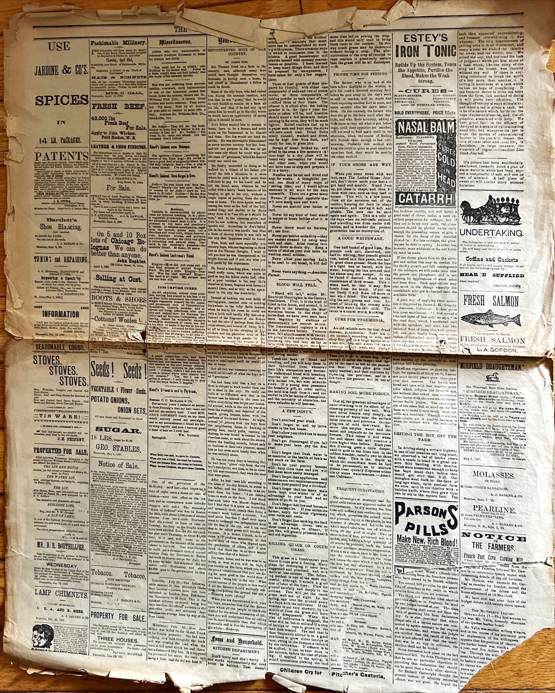 Newspaper, News, The Union Advocate, The Union Advocate, Newcastle NB, Wednesday, July 22, 1891 -Two pages, Back view