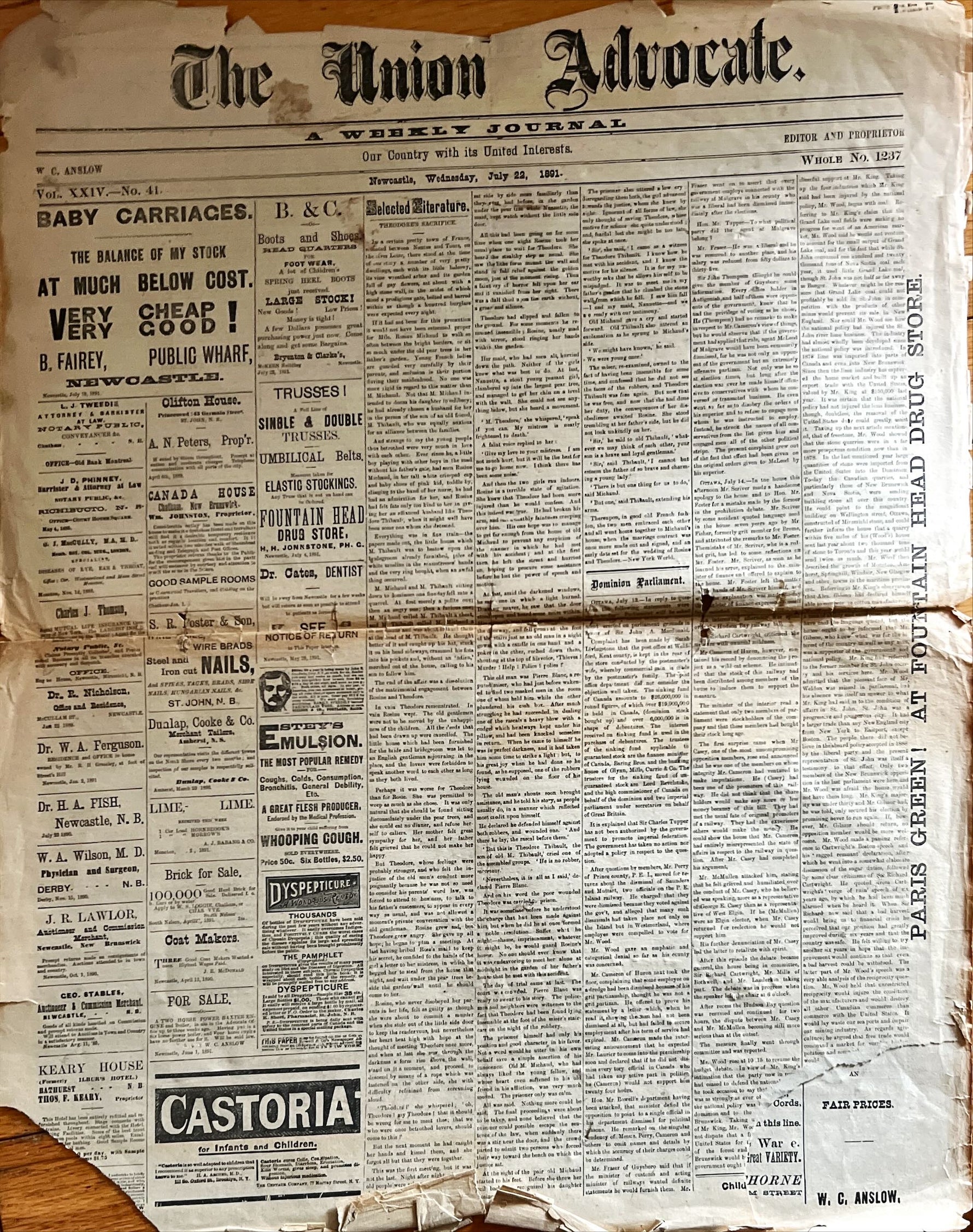 Newspaper, News, The Union Advocate, The Union Advocate, Newcastle NB, Wednesday, July 22, 1891 -Two pages, Front view
