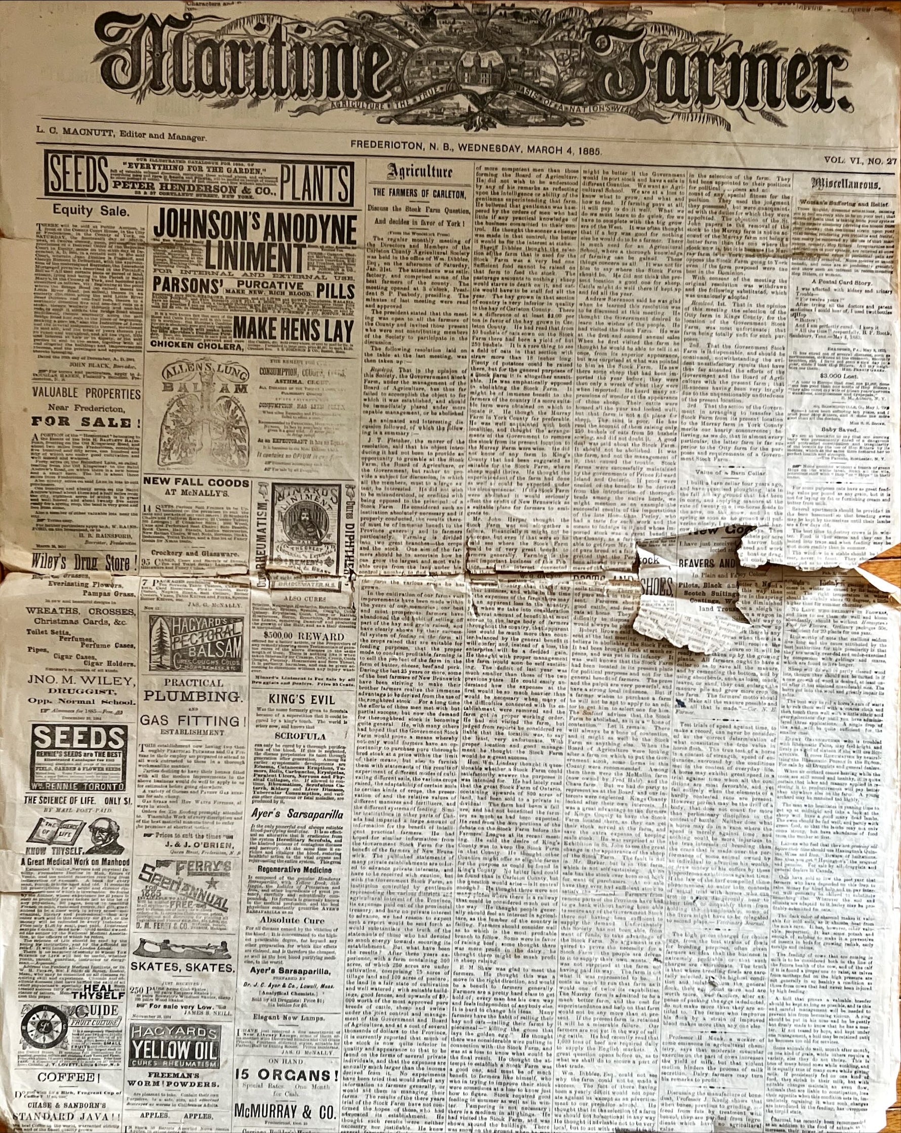 Newspaper, News, Maritime Farmer, Maritime Farmer, Fredericton, NB. Wednesday March 4, 1885, Two Pages, Front view