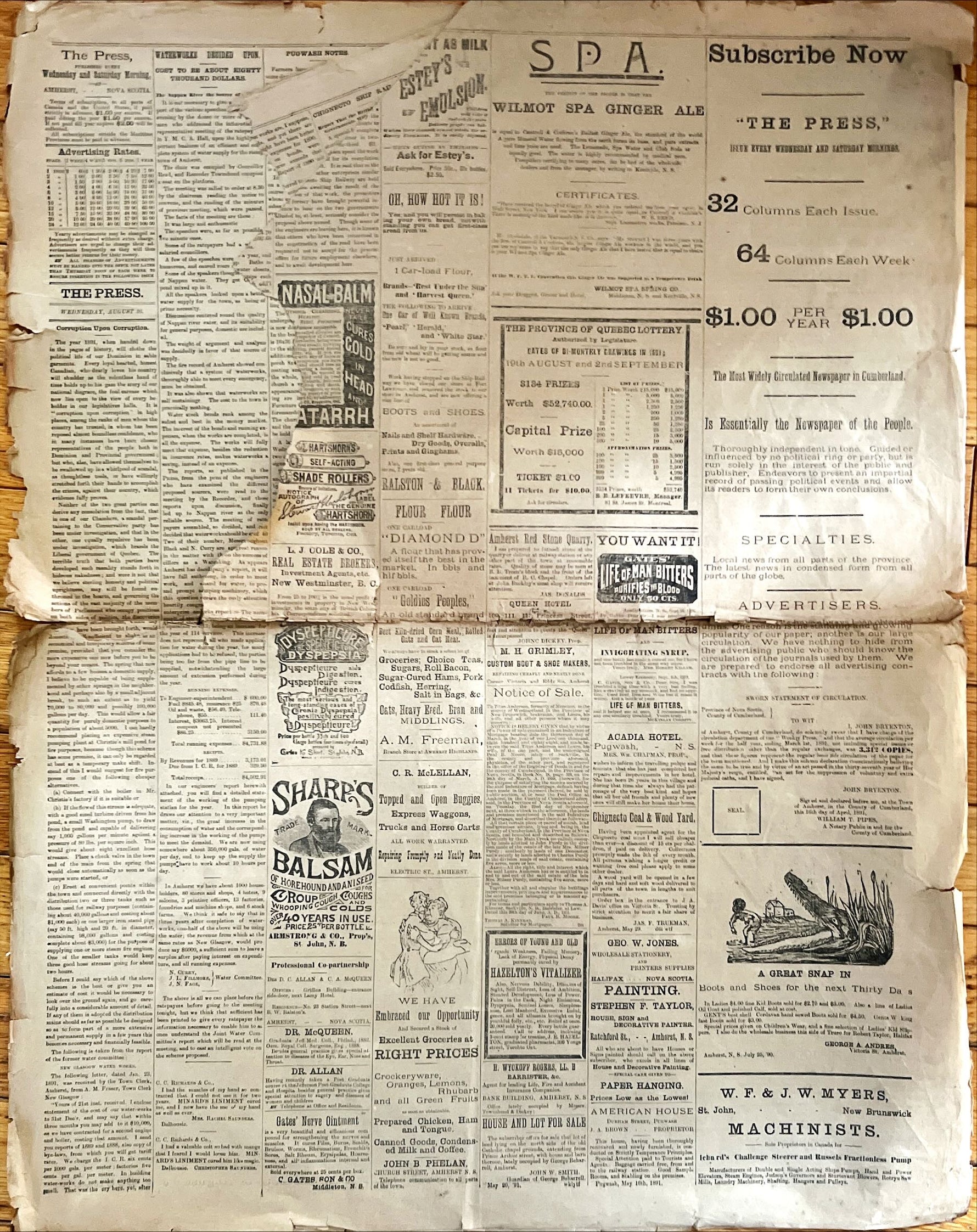Newspaper, News, The Daily Press, The Daily Press, Amherst, N.S., Wednesday Edition, August, 16, 1891 -, Back view