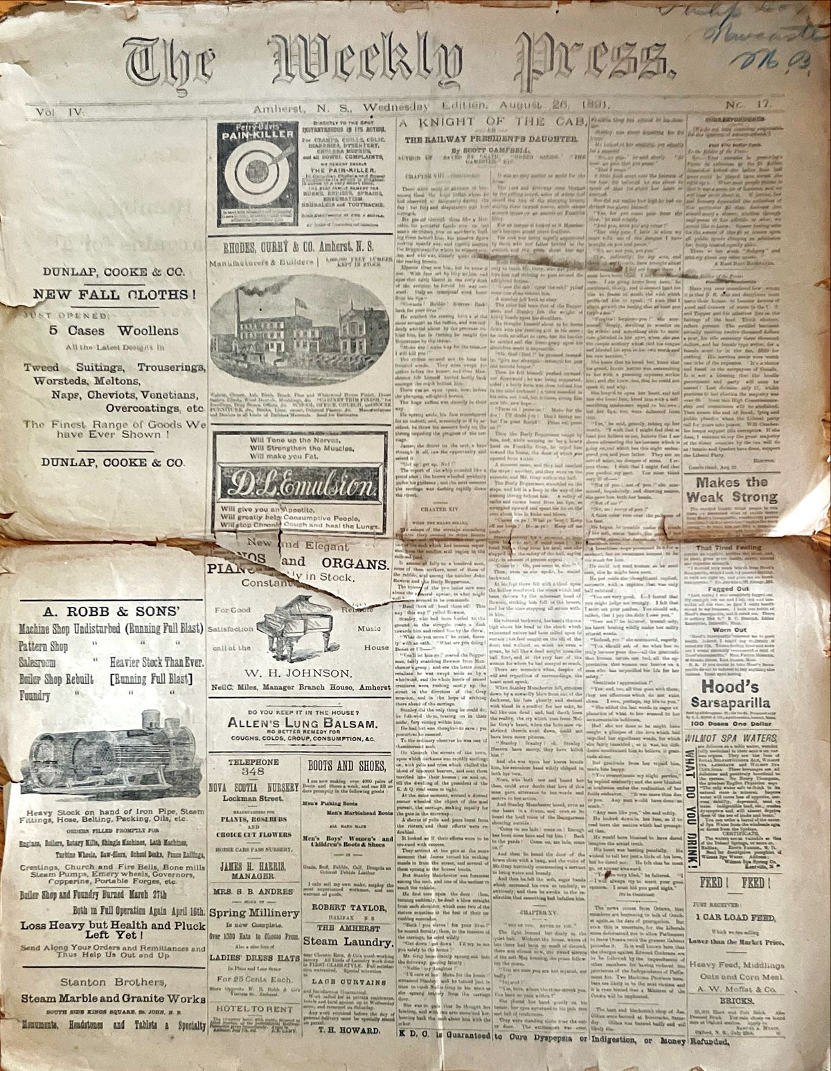 Newspaper, News, The Daily Press, The Daily Press, Amherst, N.S., Wednesday Edition, August, 16, 1891 -, Front view