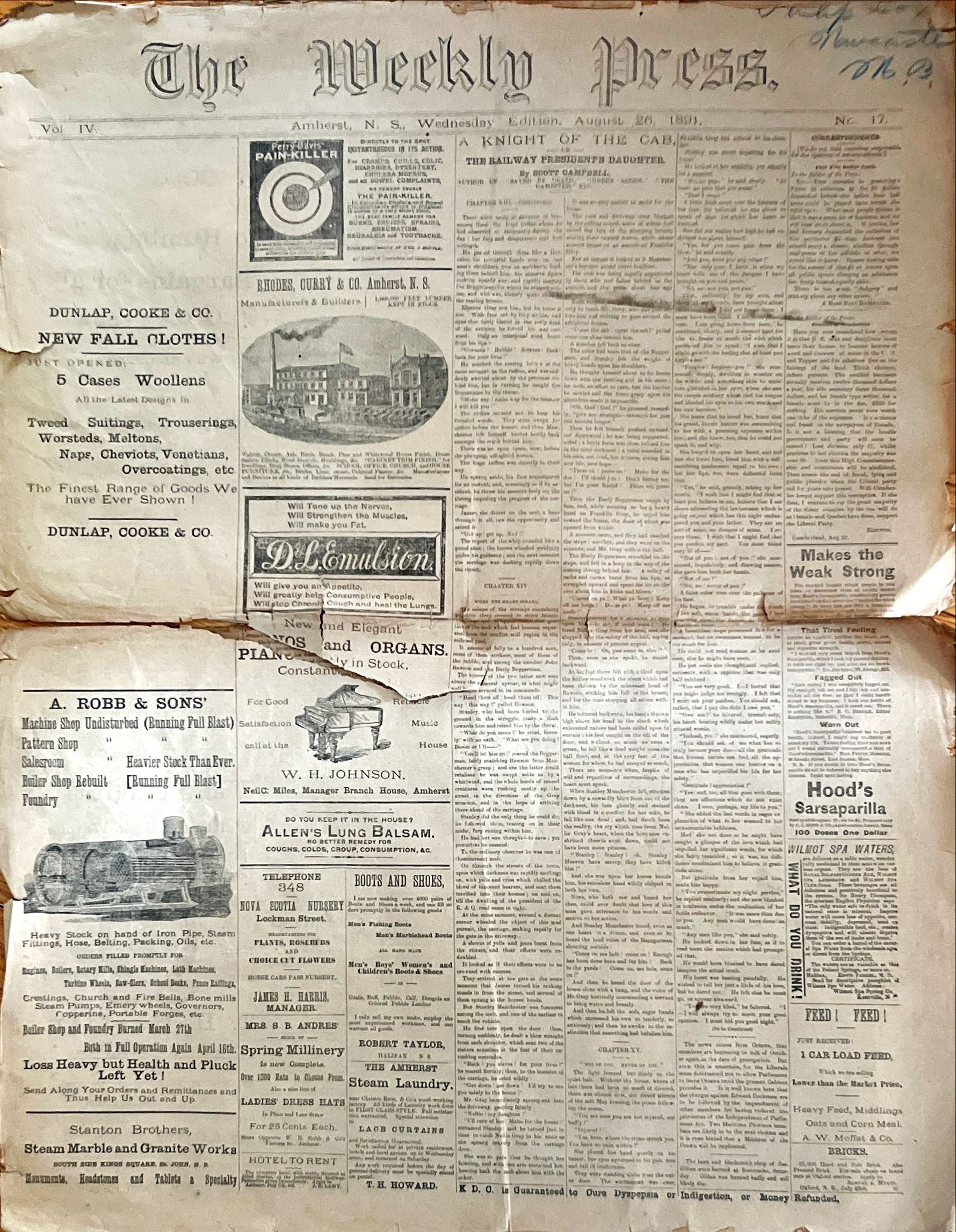 Newspaper, News, The Daily Press, The Daily Press, Amherst, N.S., Wednesday Edition, August, 16, 1891 -, Front view