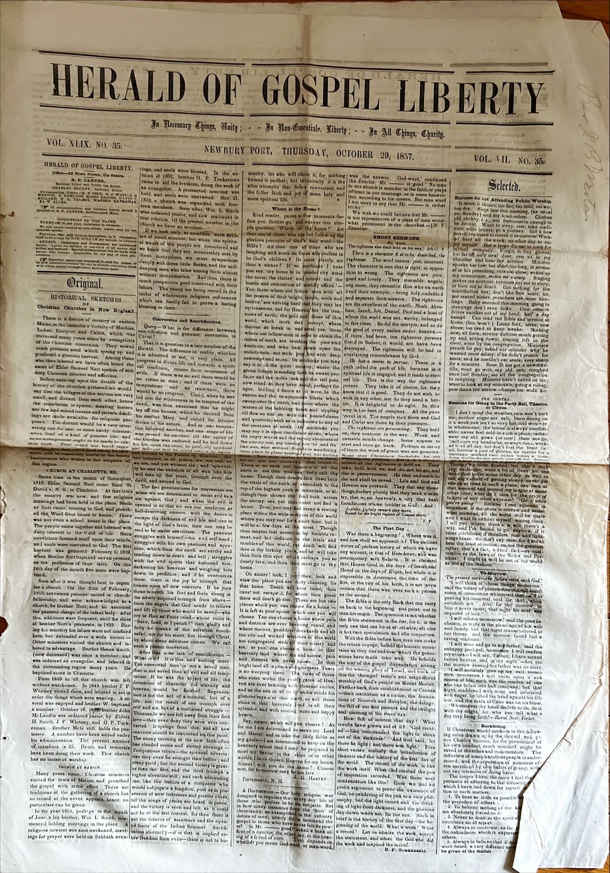 Newspaper, News, Herald of Gospel Liberty, Herald of Gospel Liberty, Newbury Port. Thursday, October 29, 1857- Two Pages, Front view