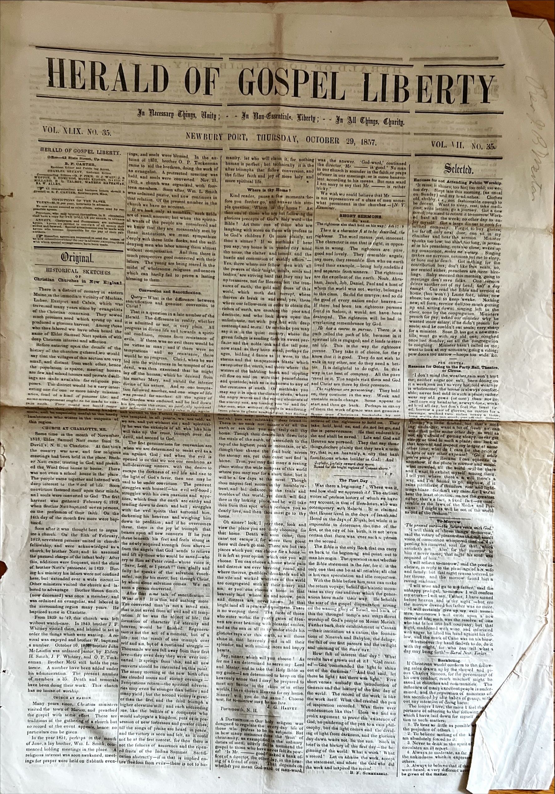 Newspaper, News, Herald of Gospel Liberty, Herald of Gospel Liberty, Newbury Port. Thursday, October 29, 1857- Two Pages, Front view