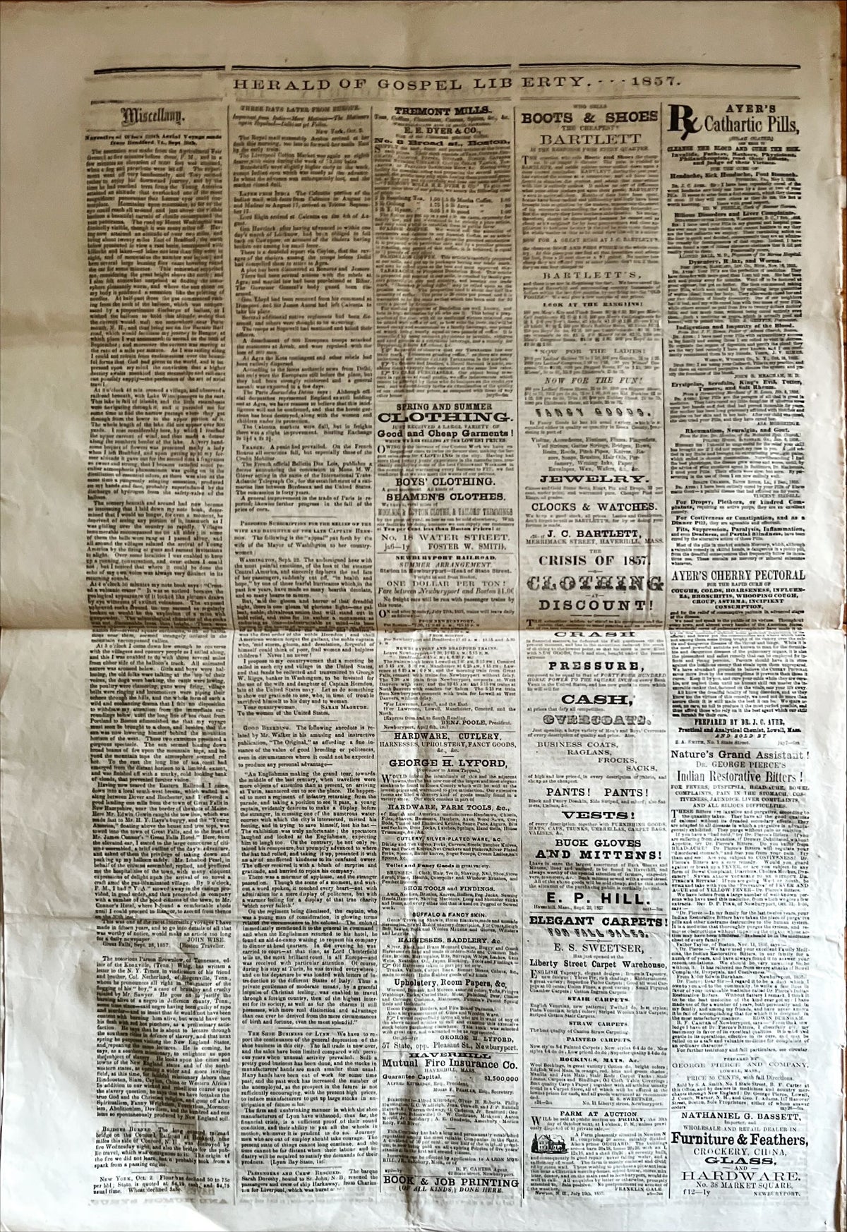Newspaper, News, Herald of Gospel Liberty, Herald of Gospel Liberty, Newbury Port. Thursday, October 8, 1857- Two Pages, Back view