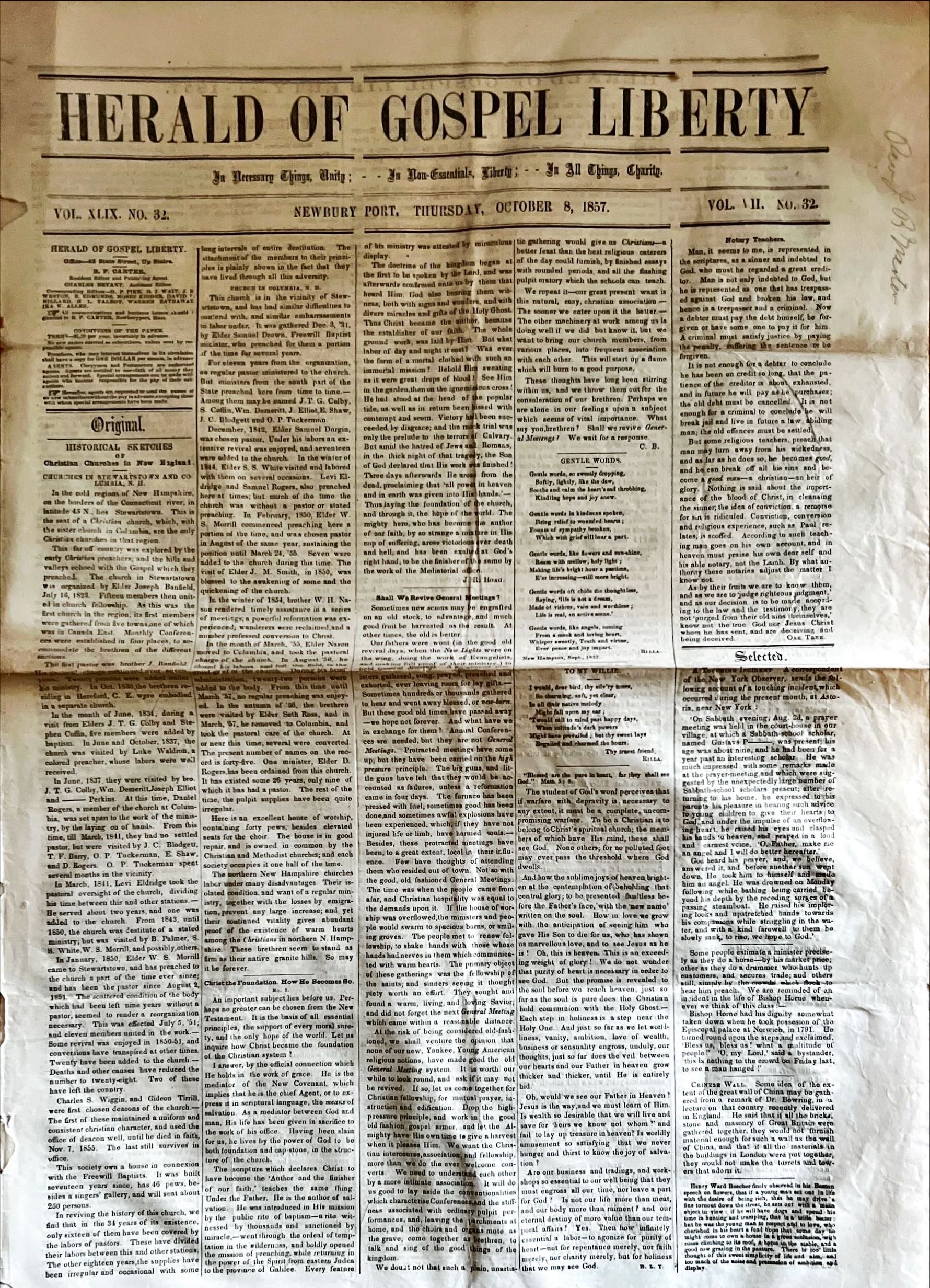 Newspaper, News, Herald of Gospel Liberty, Herald of Gospel Liberty, Newbury Port. Thursday, October 8, 1857- Two Pages, Front view