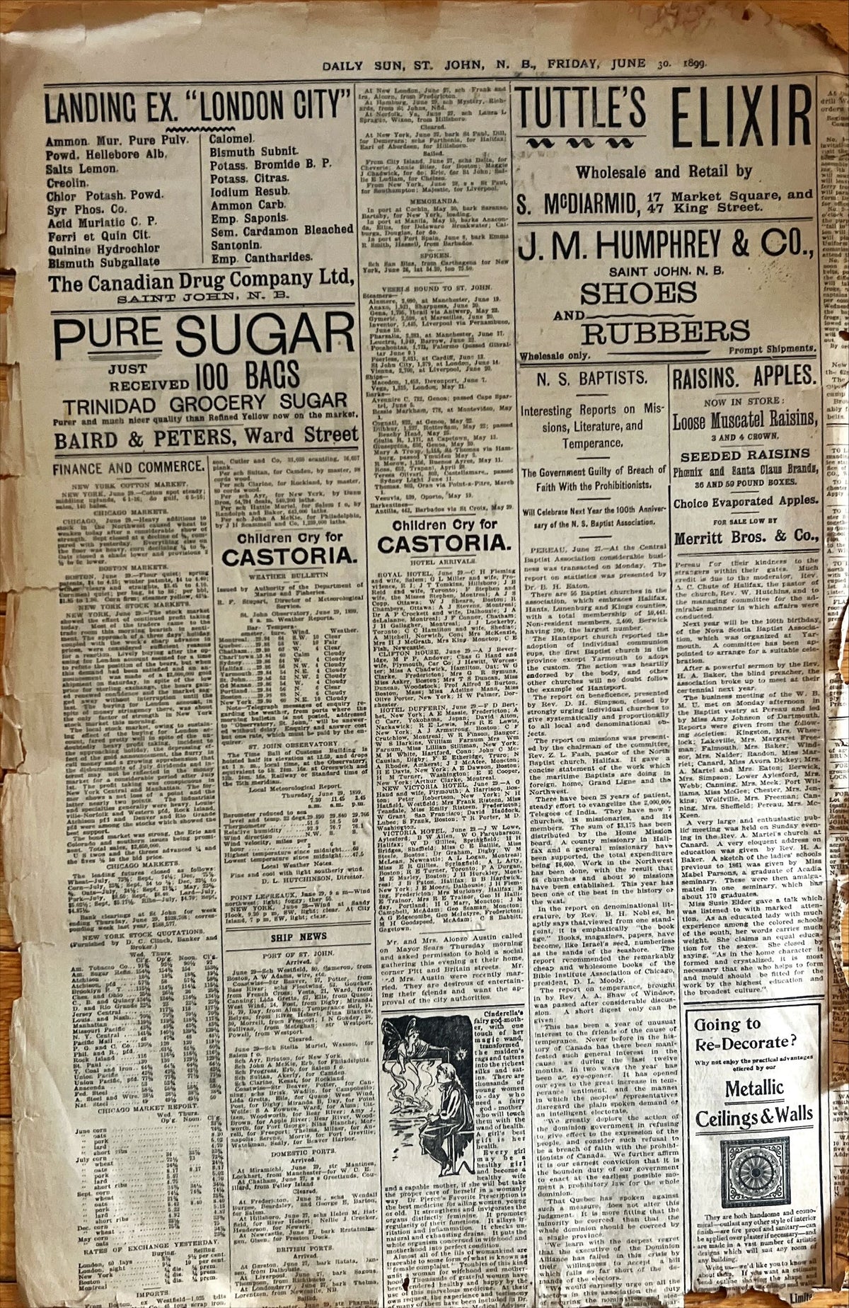 Newspaper, News, The Daily Sun, The Daily Sun, St. John, NB. Friday, June 30, 1899 – One Page, Back view