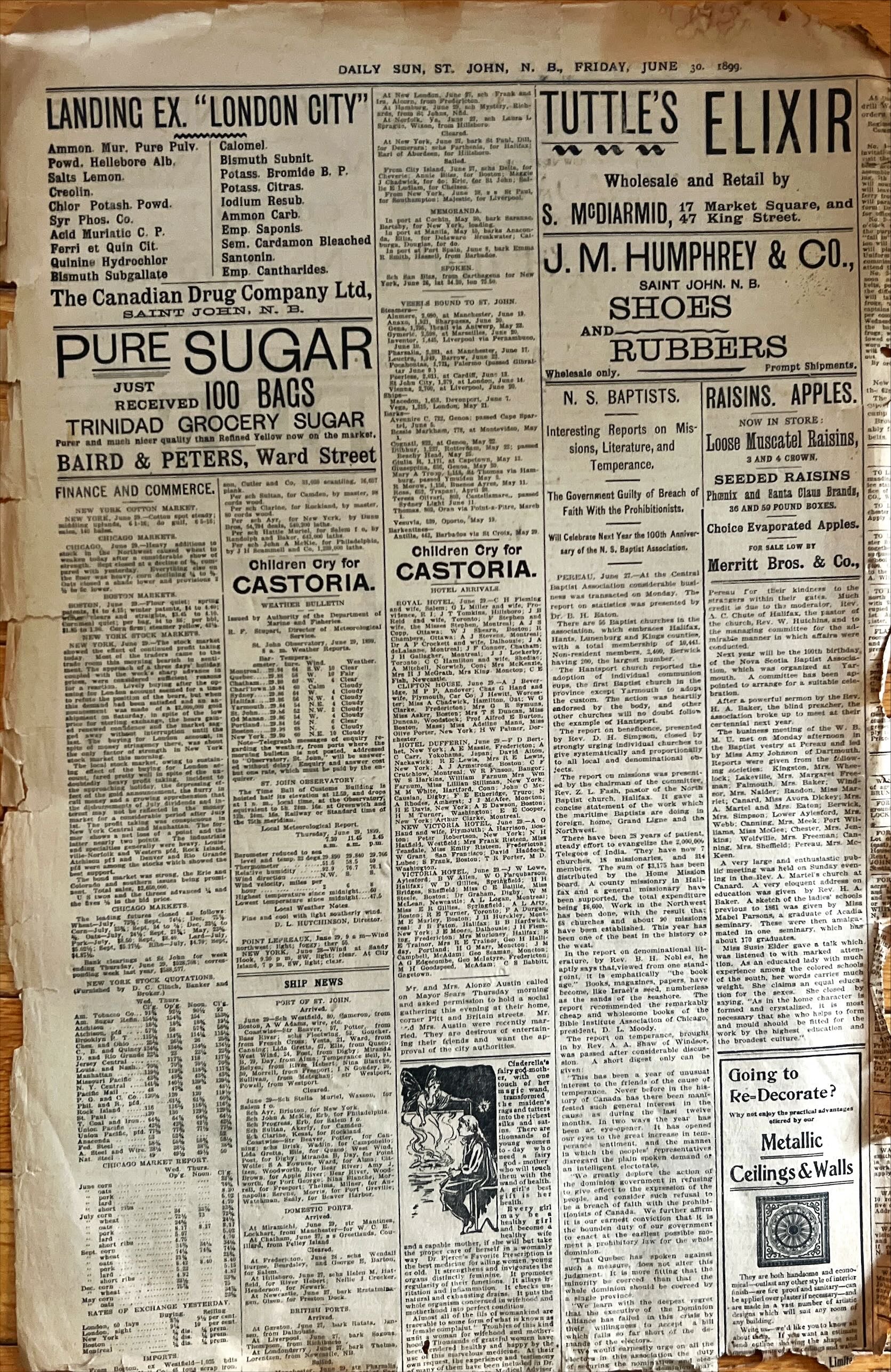Newspaper, News, The Daily Sun, The Daily Sun, St. John, NB. Friday, June 30, 1899 – One Page, Back view
