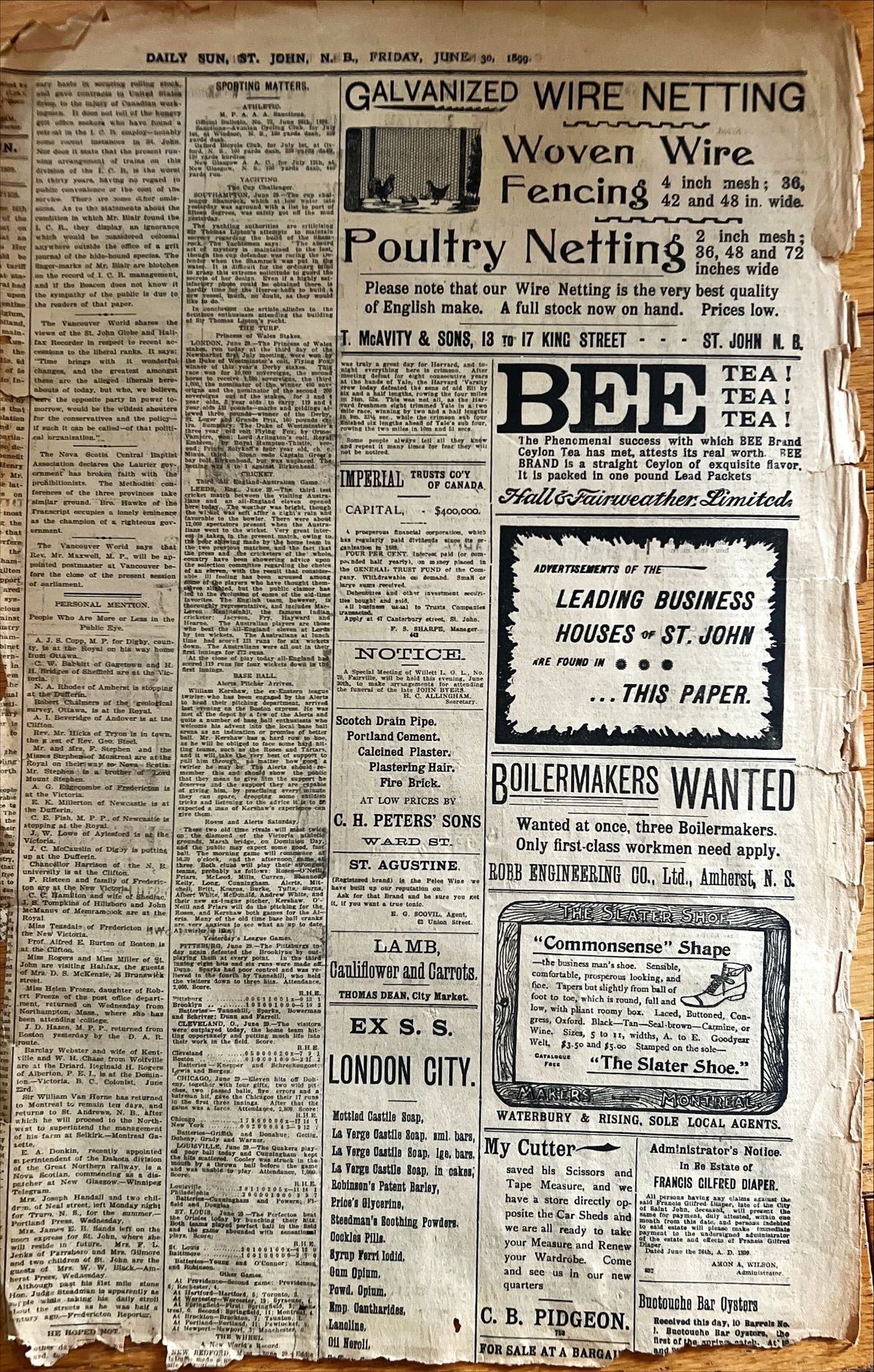 Newspaper, News, The Daily Sun, The Daily Sun, St. John, NB. Friday, June 30, 1899 – One Page, Front view