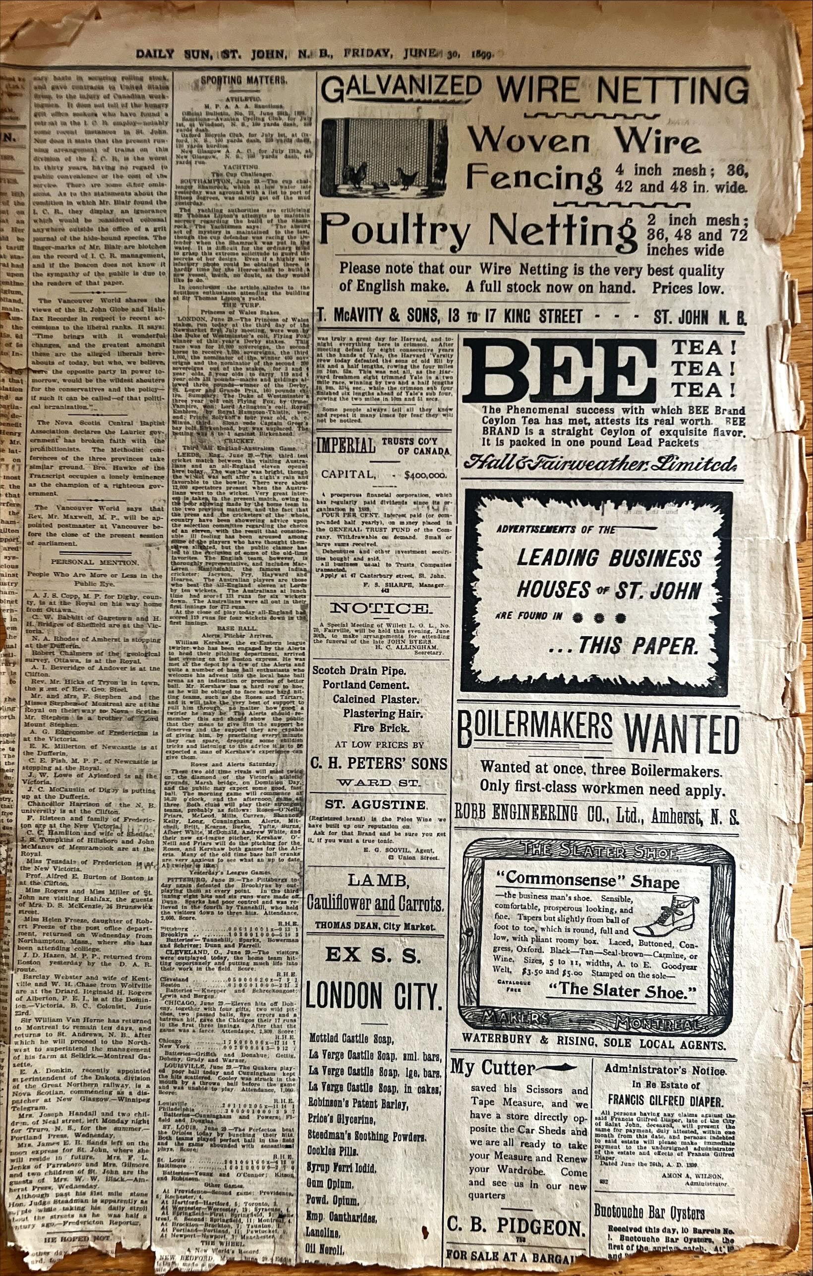 Newspaper, News, The Daily Sun, The Daily Sun, St. John, NB. Friday, June 30, 1899 – One Page, Front view
