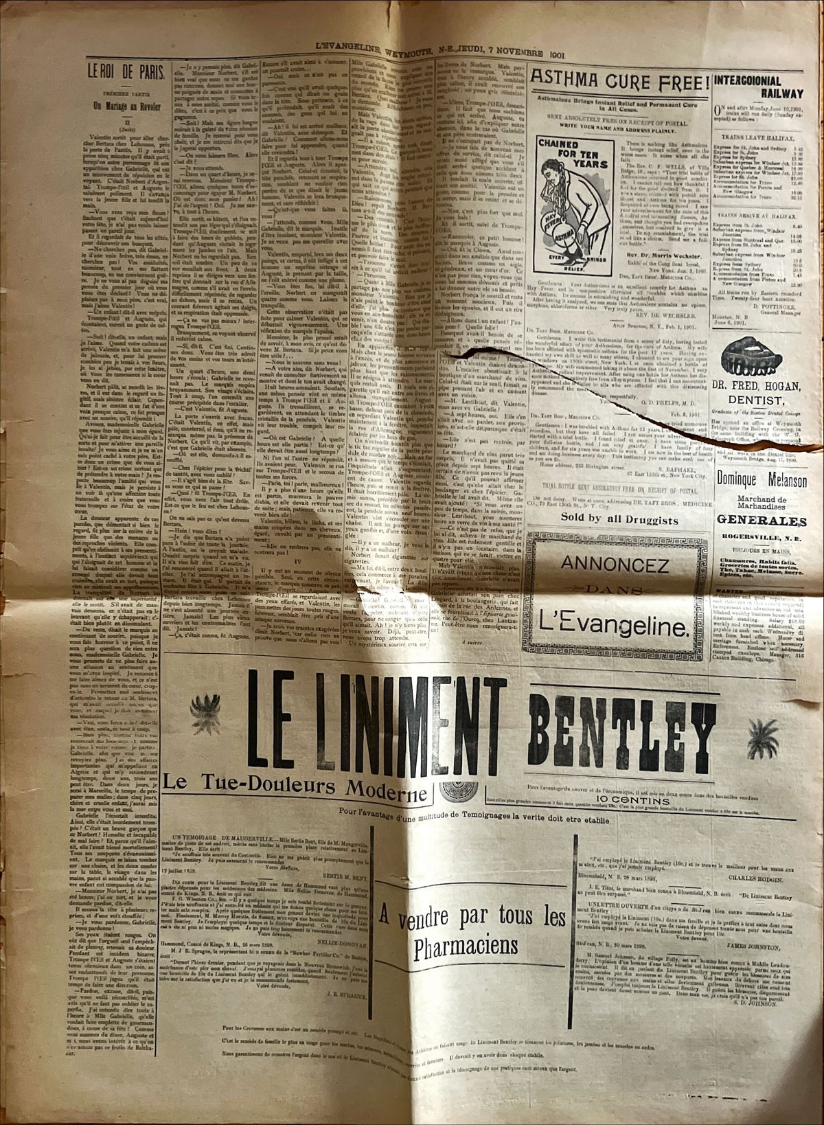 Newspaper, News, L'Evangéline, L'Evangéline Journal Hebdomadaire, Weymouth, N.E., Jeudi, 7 Novembre, 1901– Deux page, Back view
