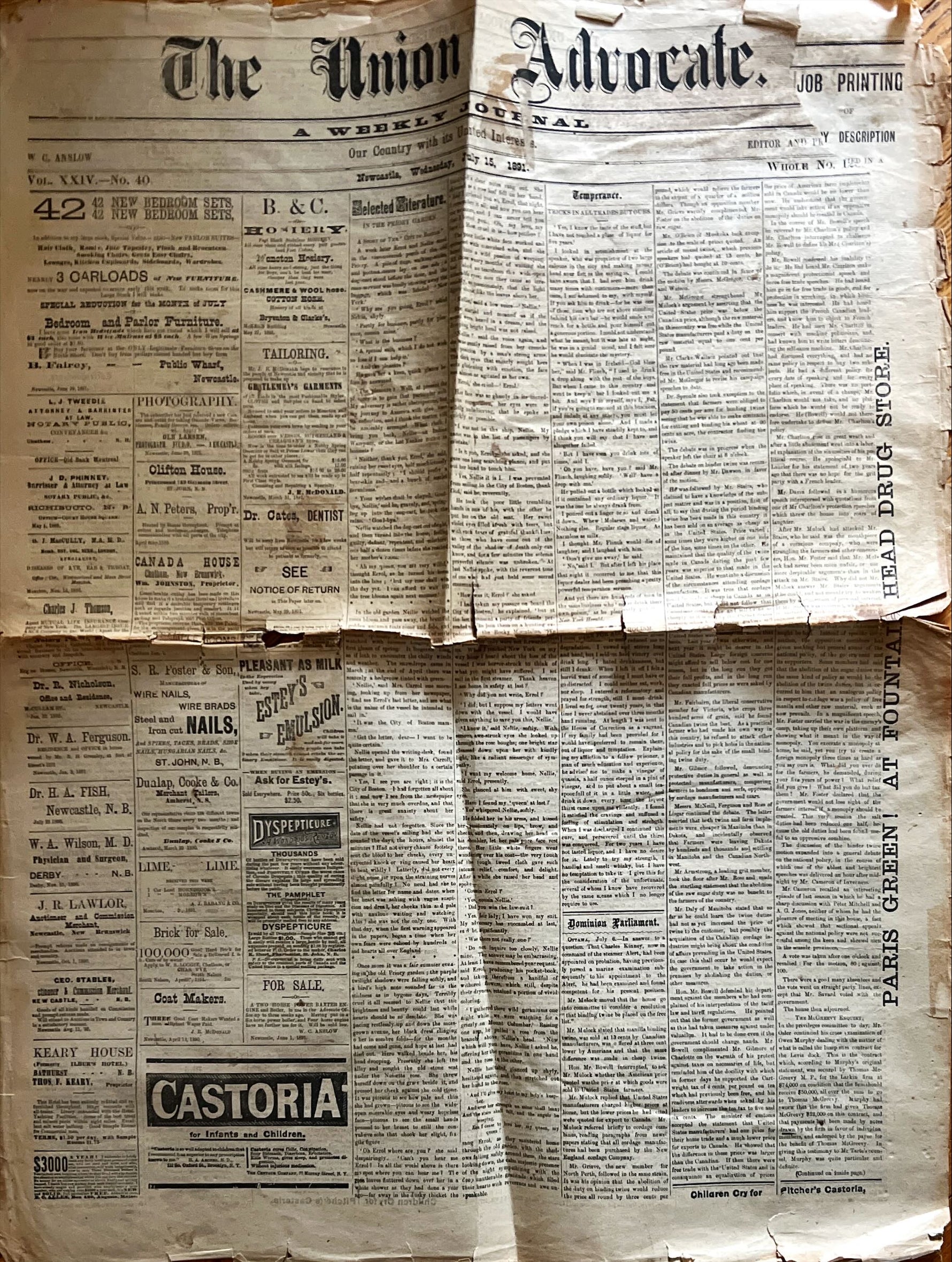 Newspaper, News, The Union Advocate, The Union Advocate, Newcastle NB, Wednesday, July 15, 1891 -Two pages, Front view